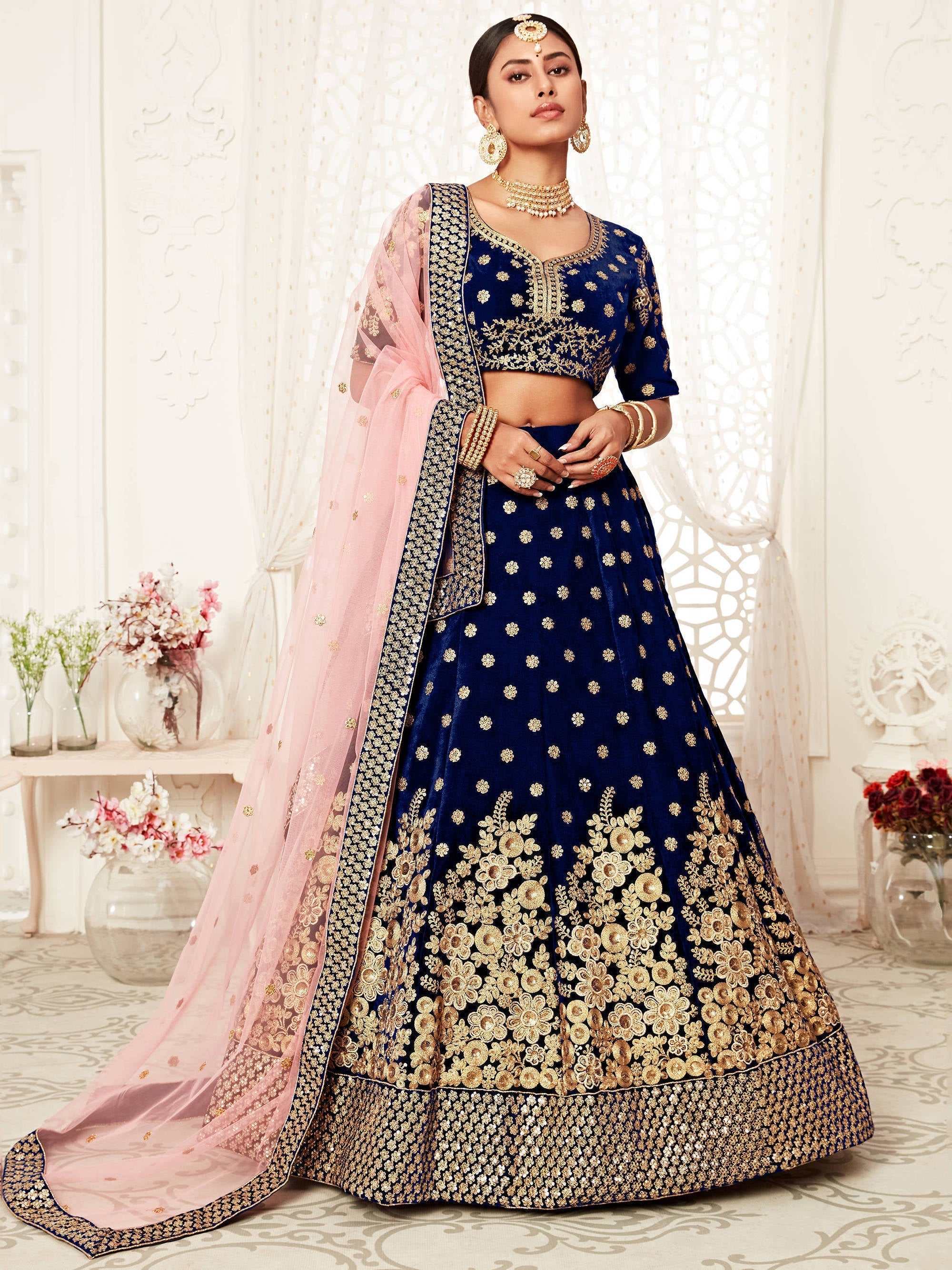Stunning Navy Blue Floral Embroidery Velvet Bridal Lehenga Choli With Dupatta
