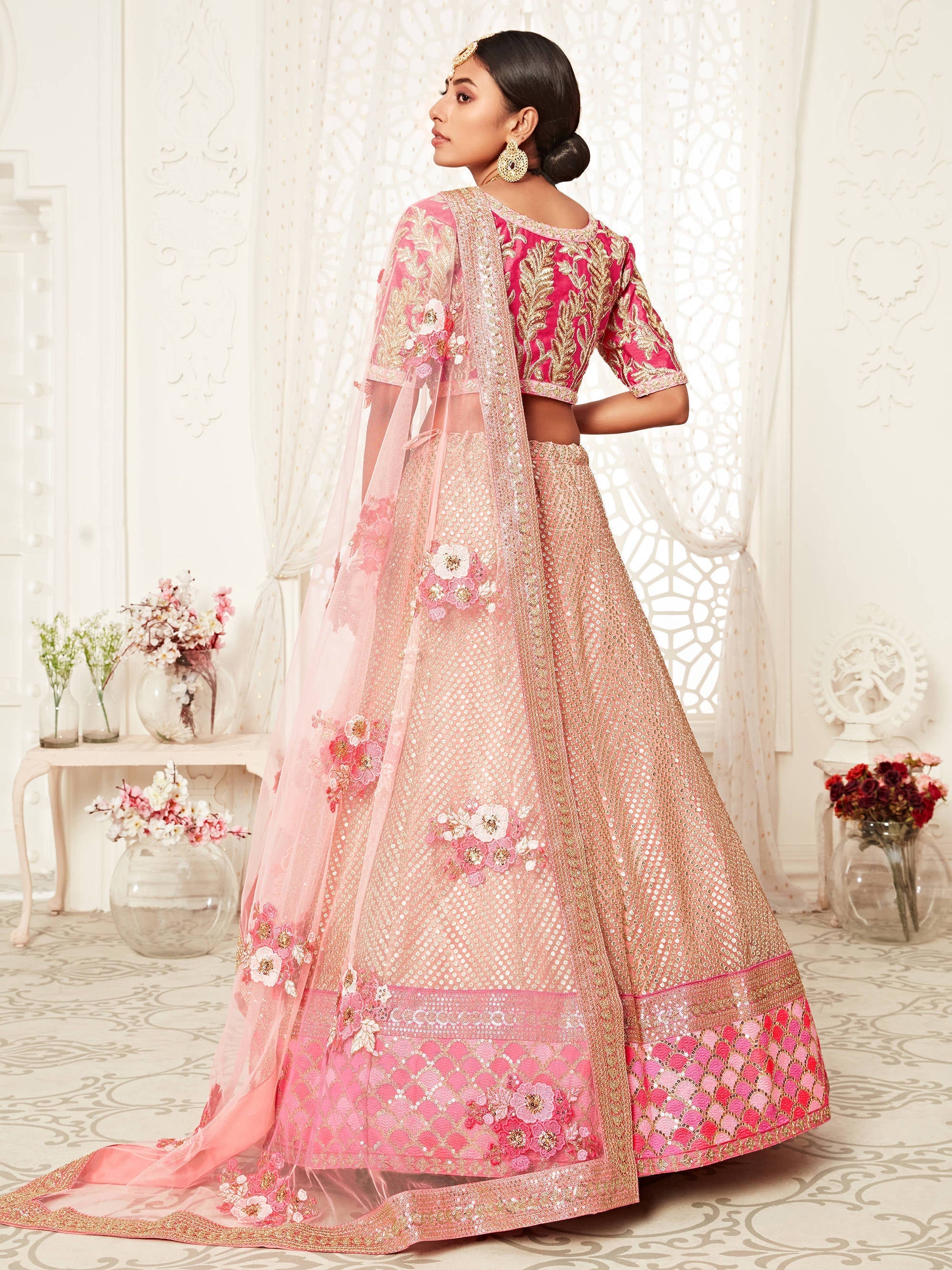 Mesmerizing Pink Embroidery Net Wedding Lehenga Choli With Dupatta