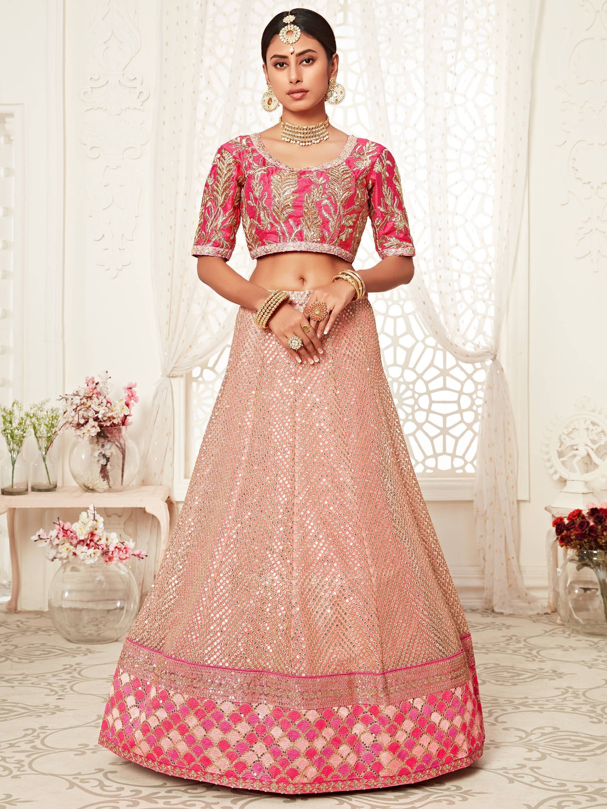 Mesmerizing Pink Embroidery Net Wedding Lehenga Choli With Dupatta