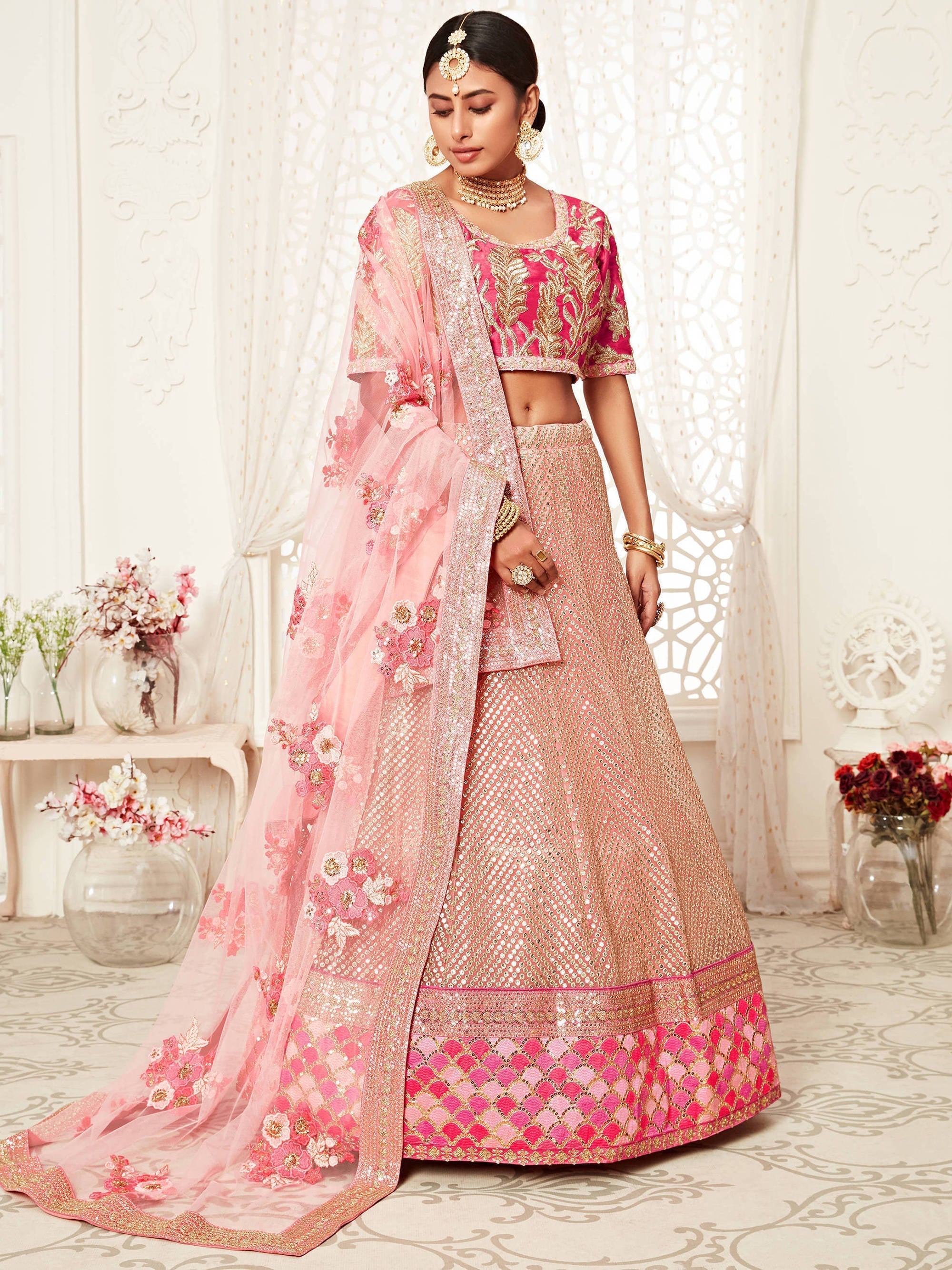 Mesmerizing Pink Embroidery Net Wedding Lehenga Choli With Dupatta