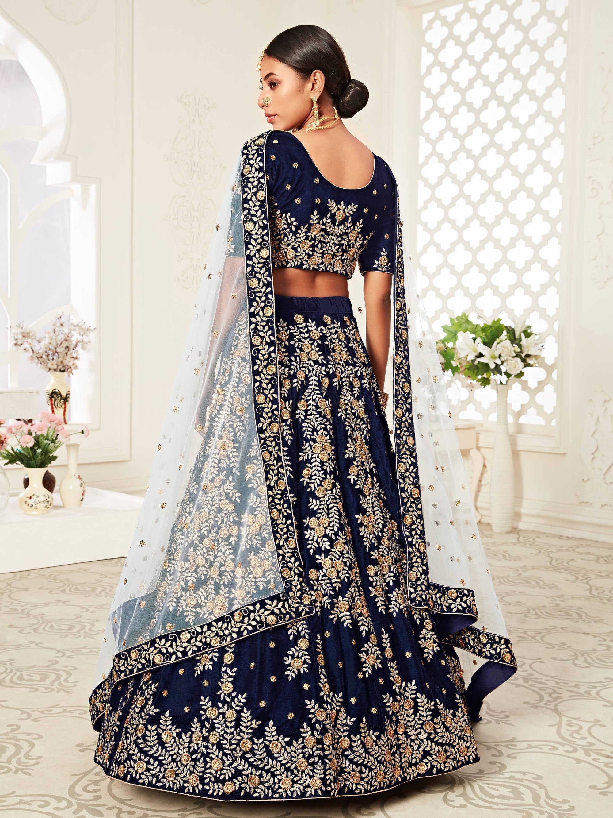 Beautiful Navy Blue Heavily Embroidery Velvet Wedding Lehenga Choli