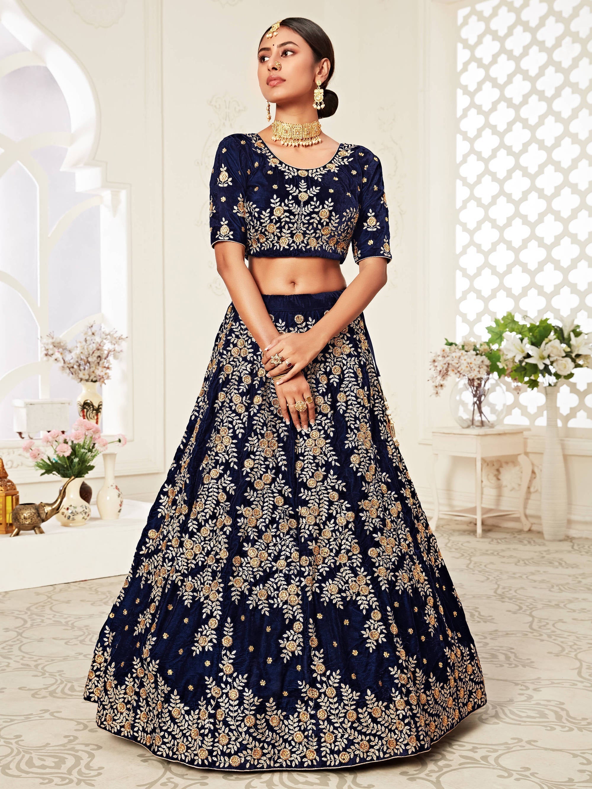 Beautiful Navy Blue Heavily Embroidery Velvet Wedding Lehenga Choli