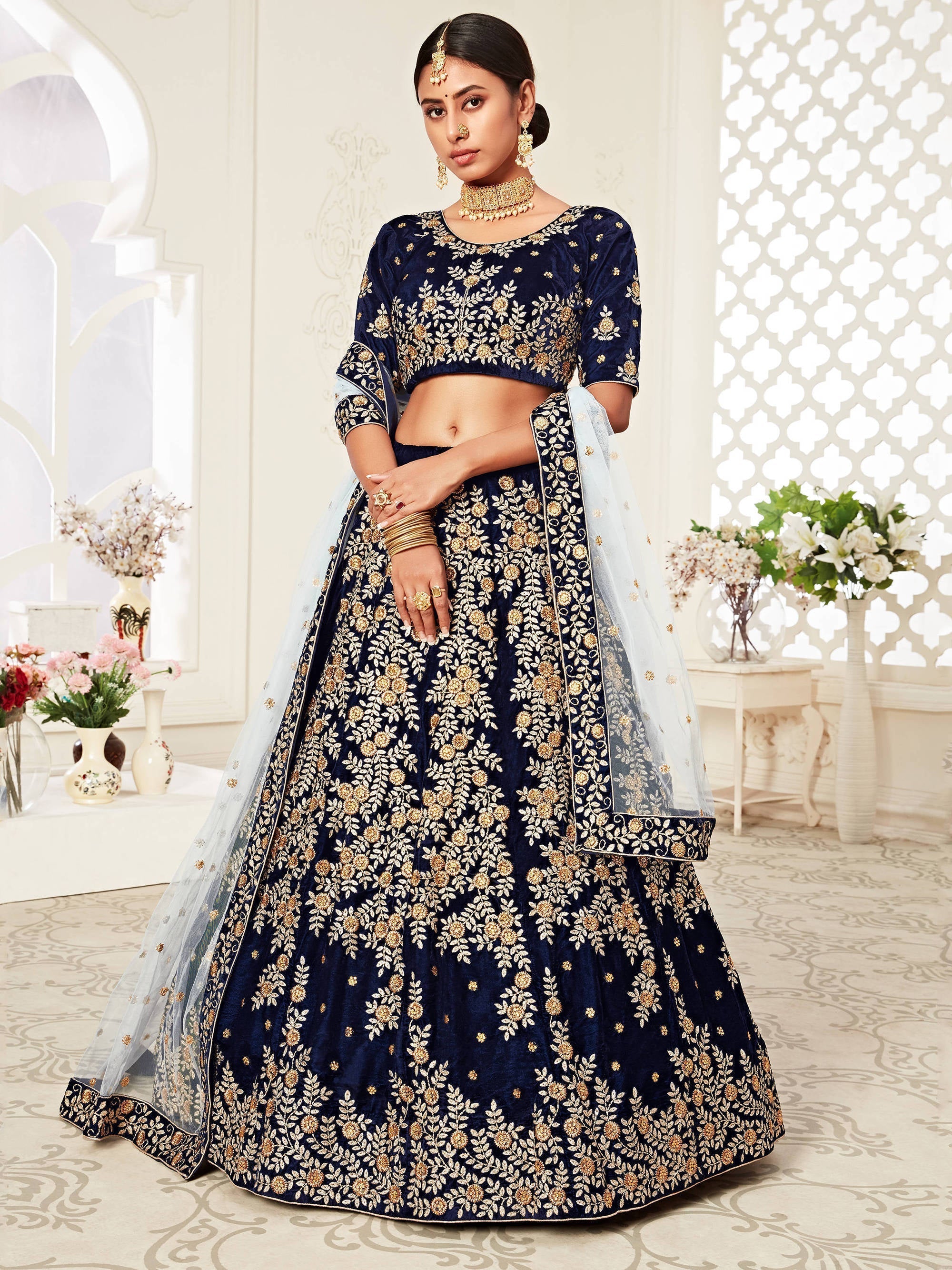 Beautiful Navy Blue Heavily Embroidery Velvet Wedding Lehenga Choli