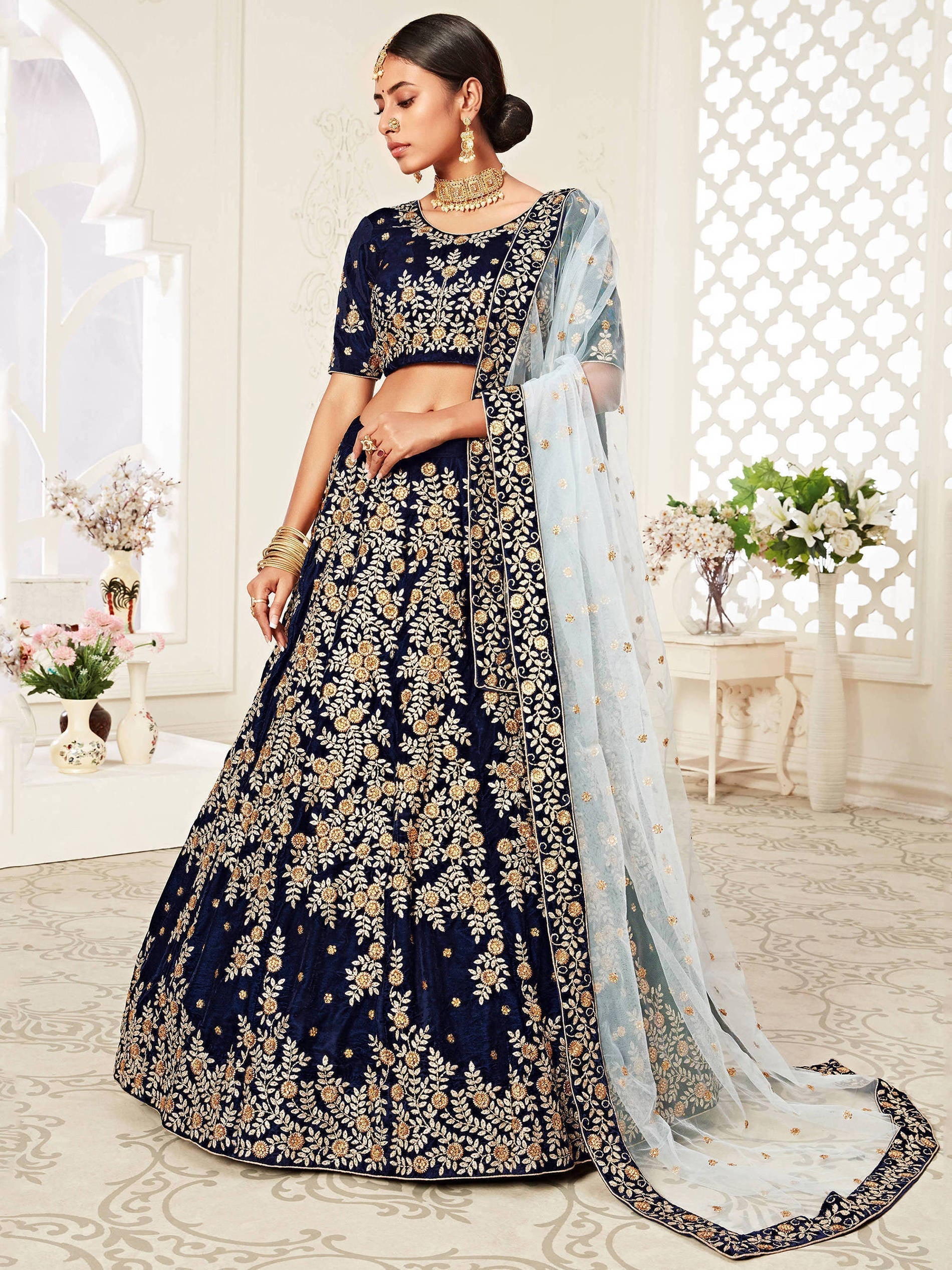 Beautiful Navy Blue Heavily Embroidery Velvet Wedding Lehenga Choli