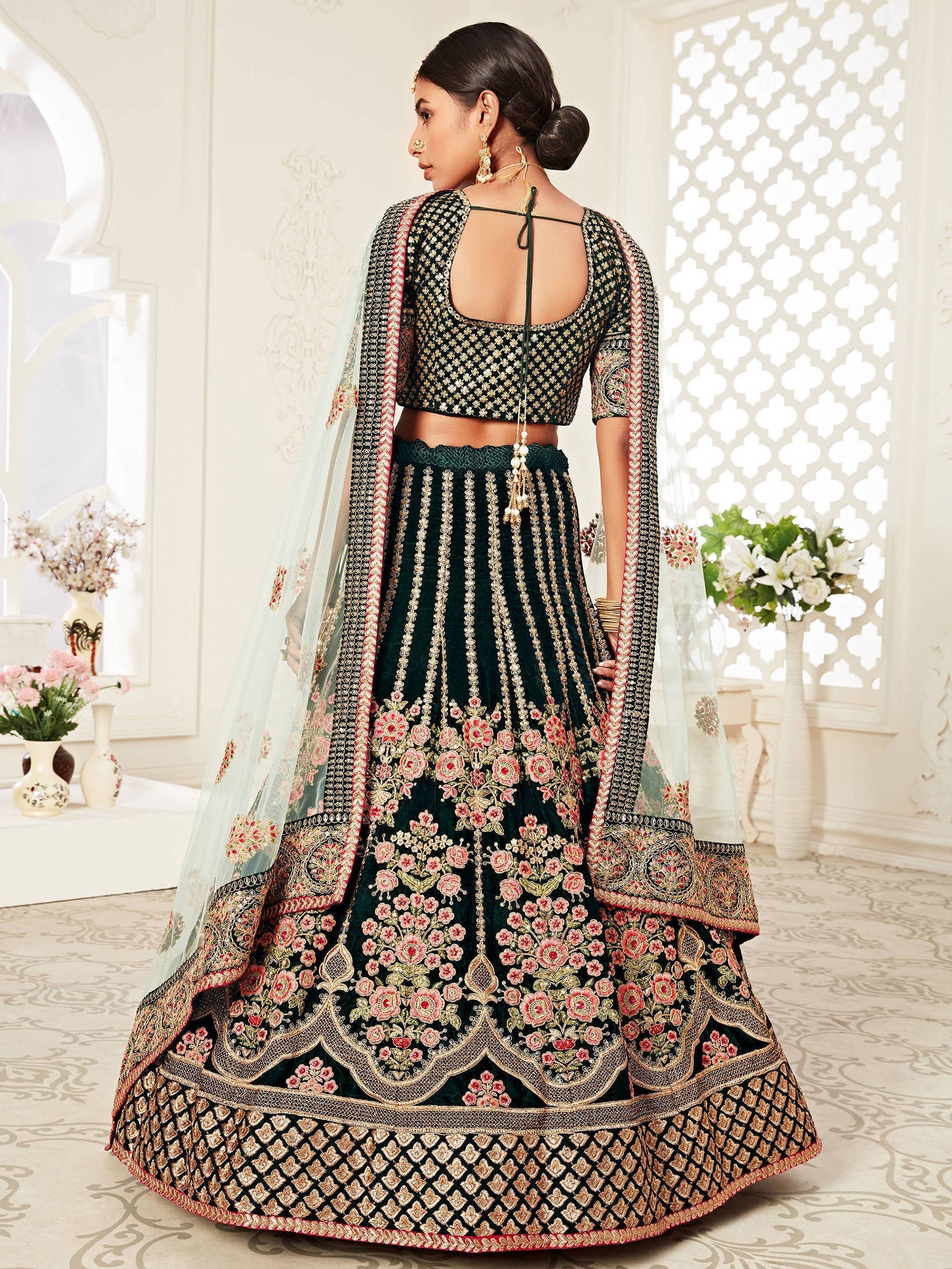 Glorious Bottle Green Heavily Embroidery Velvet Bridal Lehenga Choli With Light Blue Dupatta