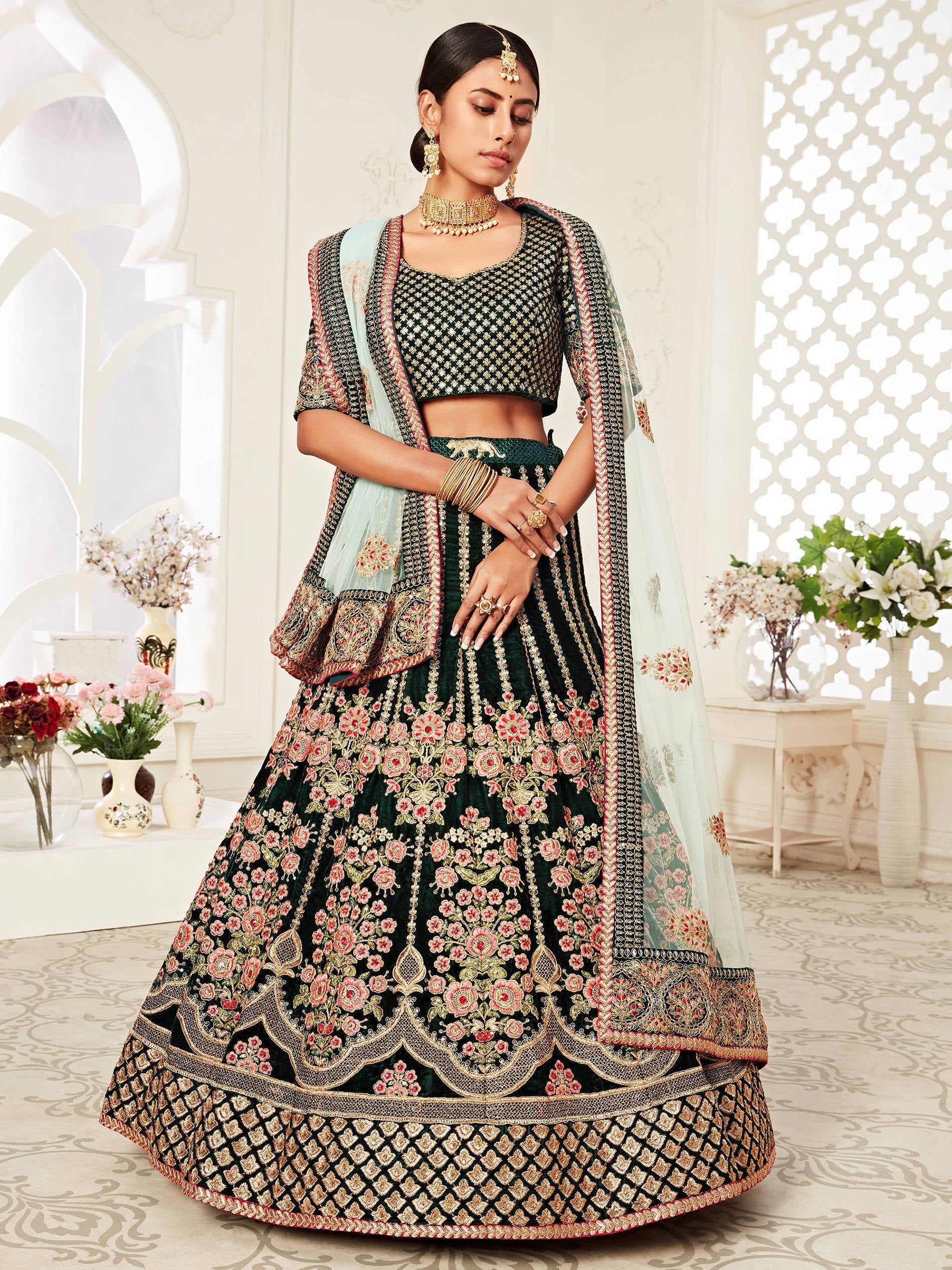 Glorious Bottle Green Heavily Embroidery Velvet Bridal Lehenga Choli With Light Blue Dupatta