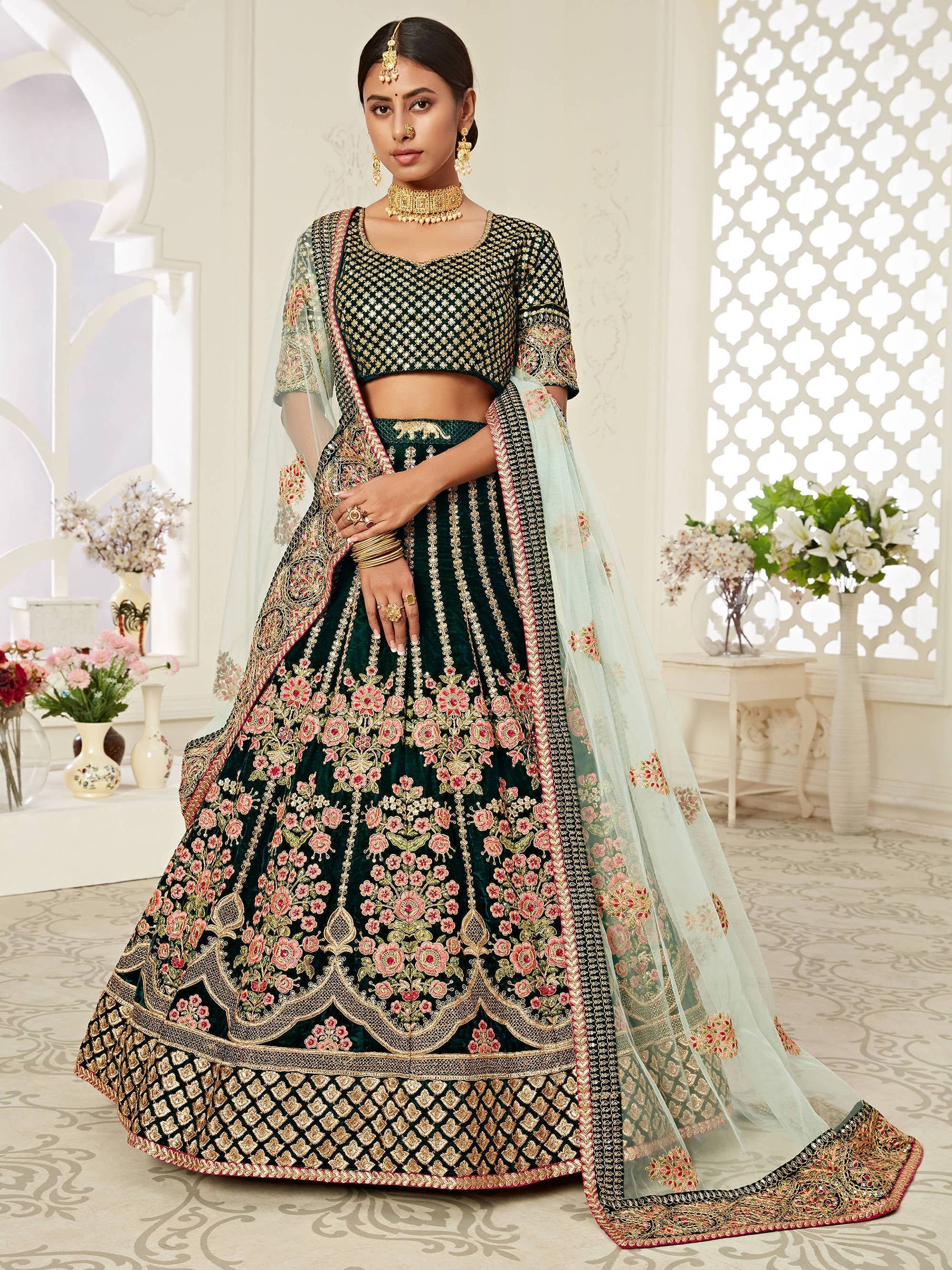 Glorious Bottle Green Heavily Embroidery Velvet Bridal Lehenga Choli With Light Blue Dupatta