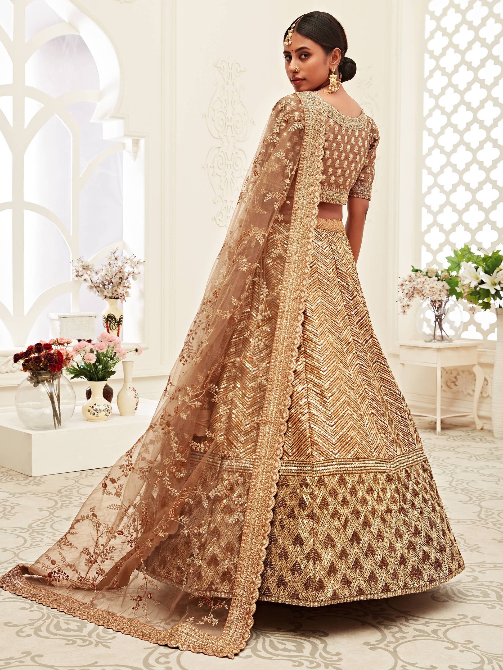 Breathtaking Brown Heavily Sequins Silk Bridal Lehenga Choli
