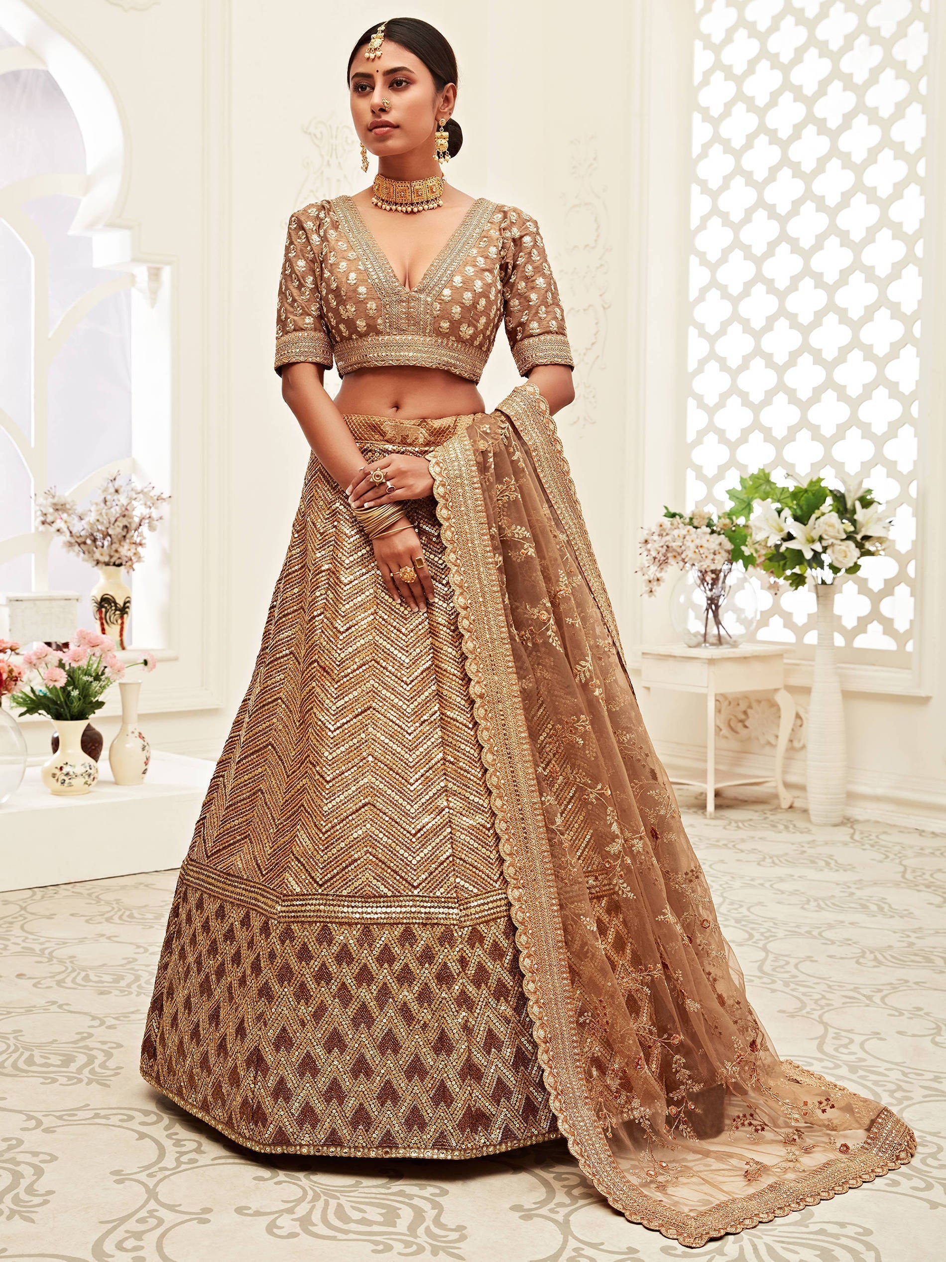 Breathtaking Brown Heavily Sequins Silk Bridal Lehenga Choli
