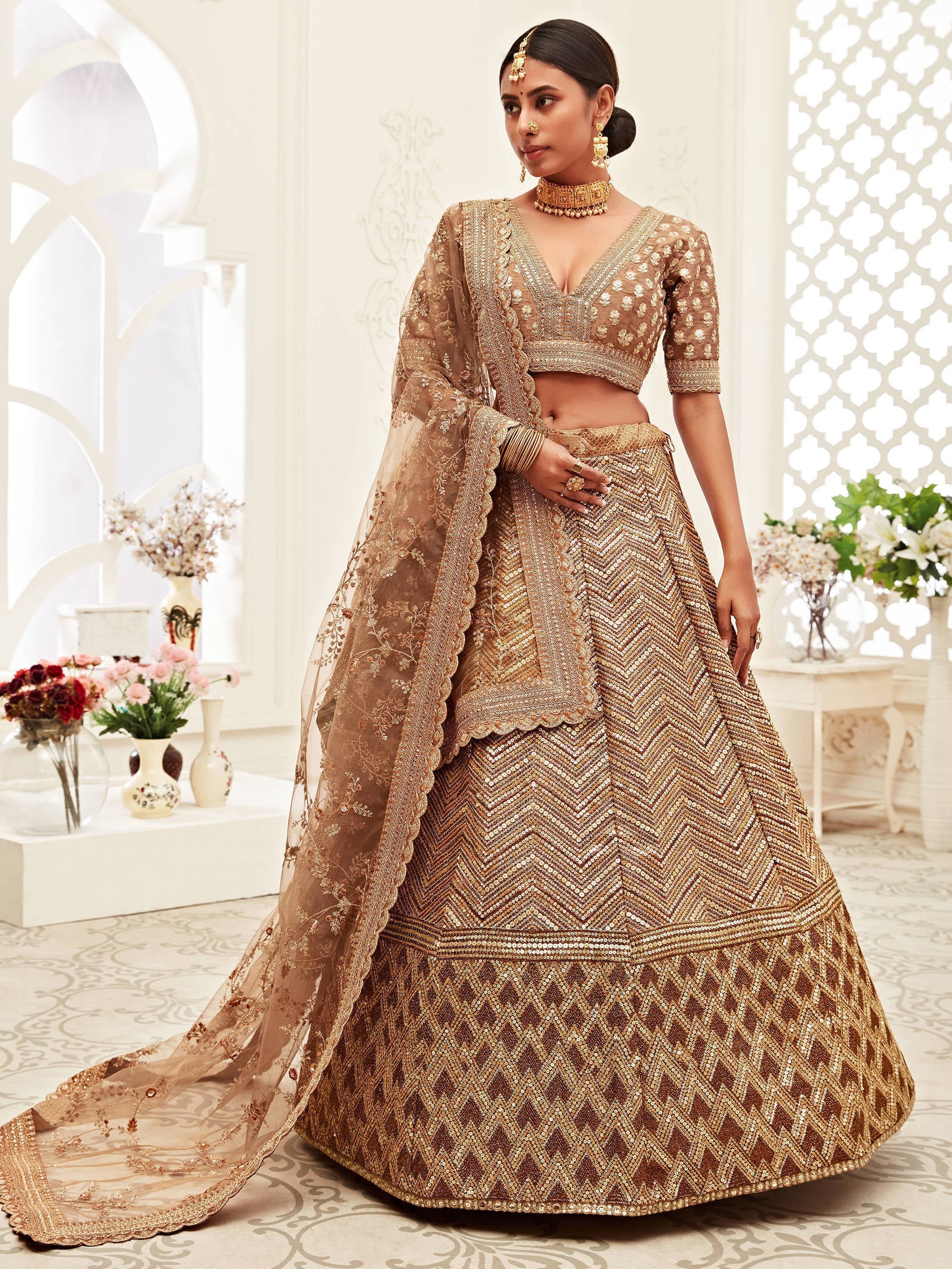 Breathtaking Brown Heavily Sequins Silk Bridal Lehenga Choli