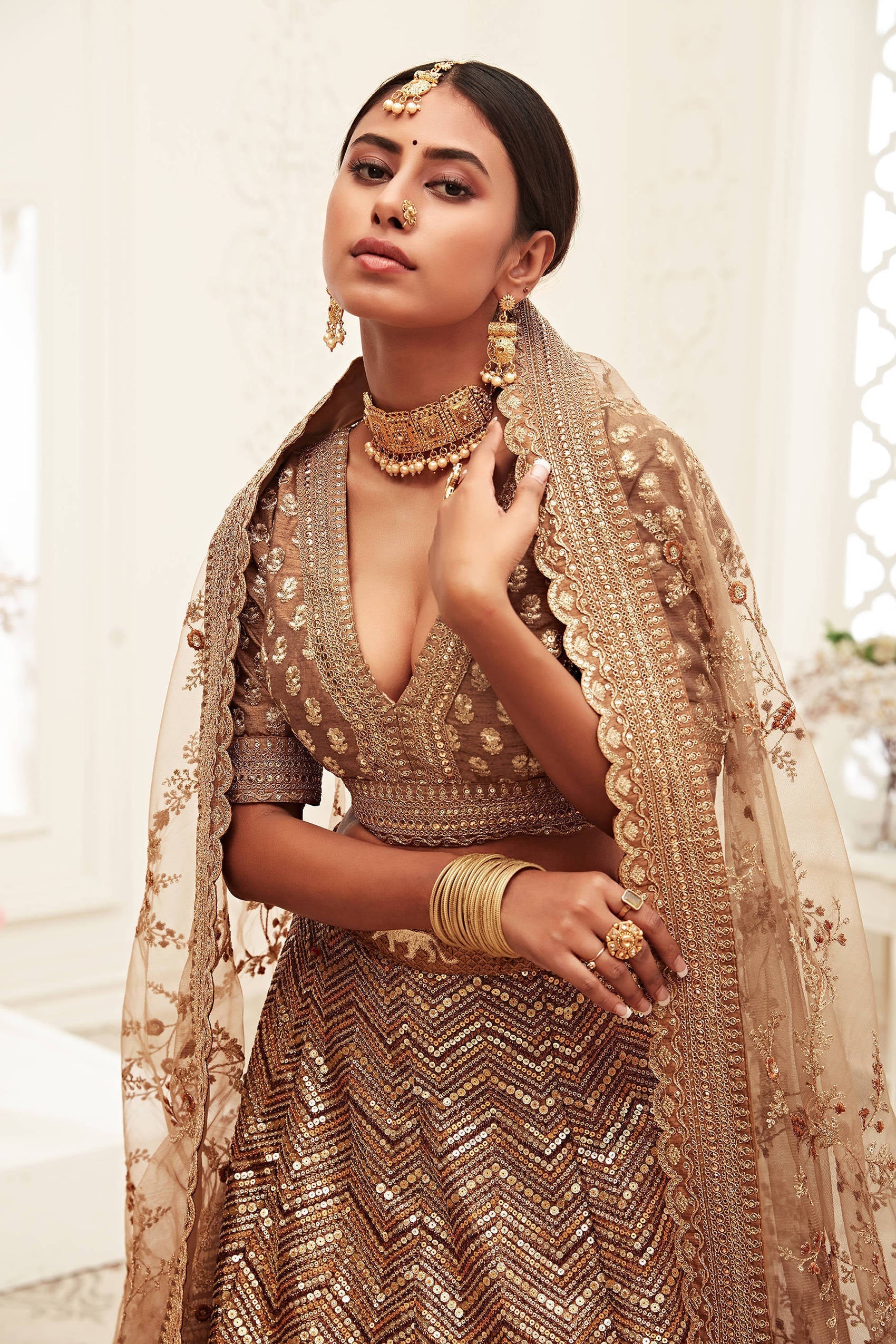 Breathtaking Brown Heavily Sequins Silk Bridal Lehenga Choli