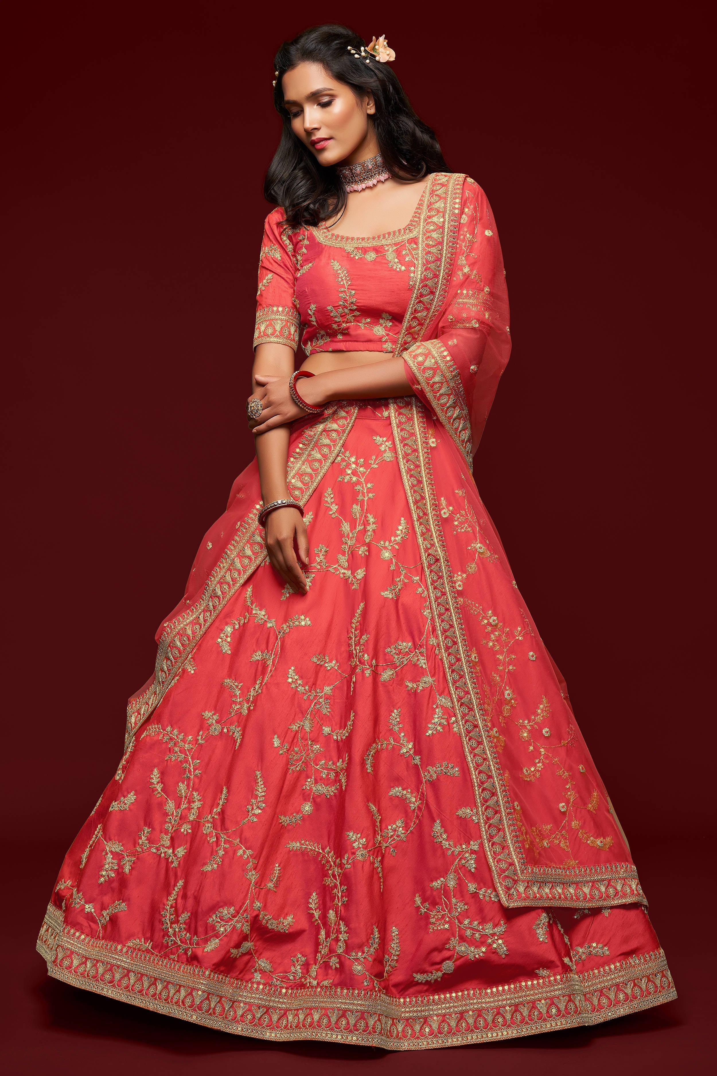 Attractive Coral Red Thread Embroidered Silk Wedding Wear Lehenga Choli