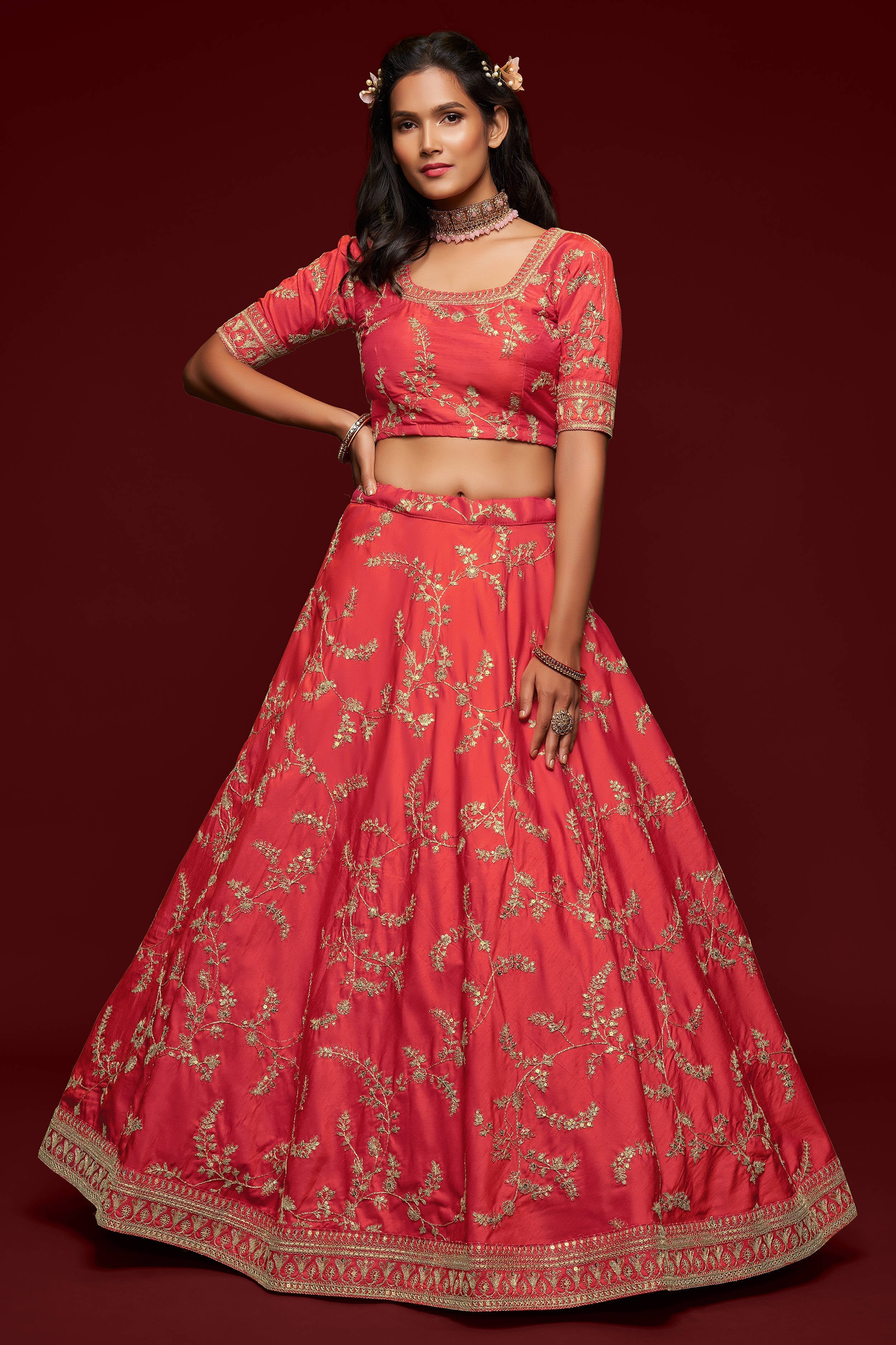 Attractive Coral Red Thread Embroidered Silk Wedding Wear Lehenga Choli