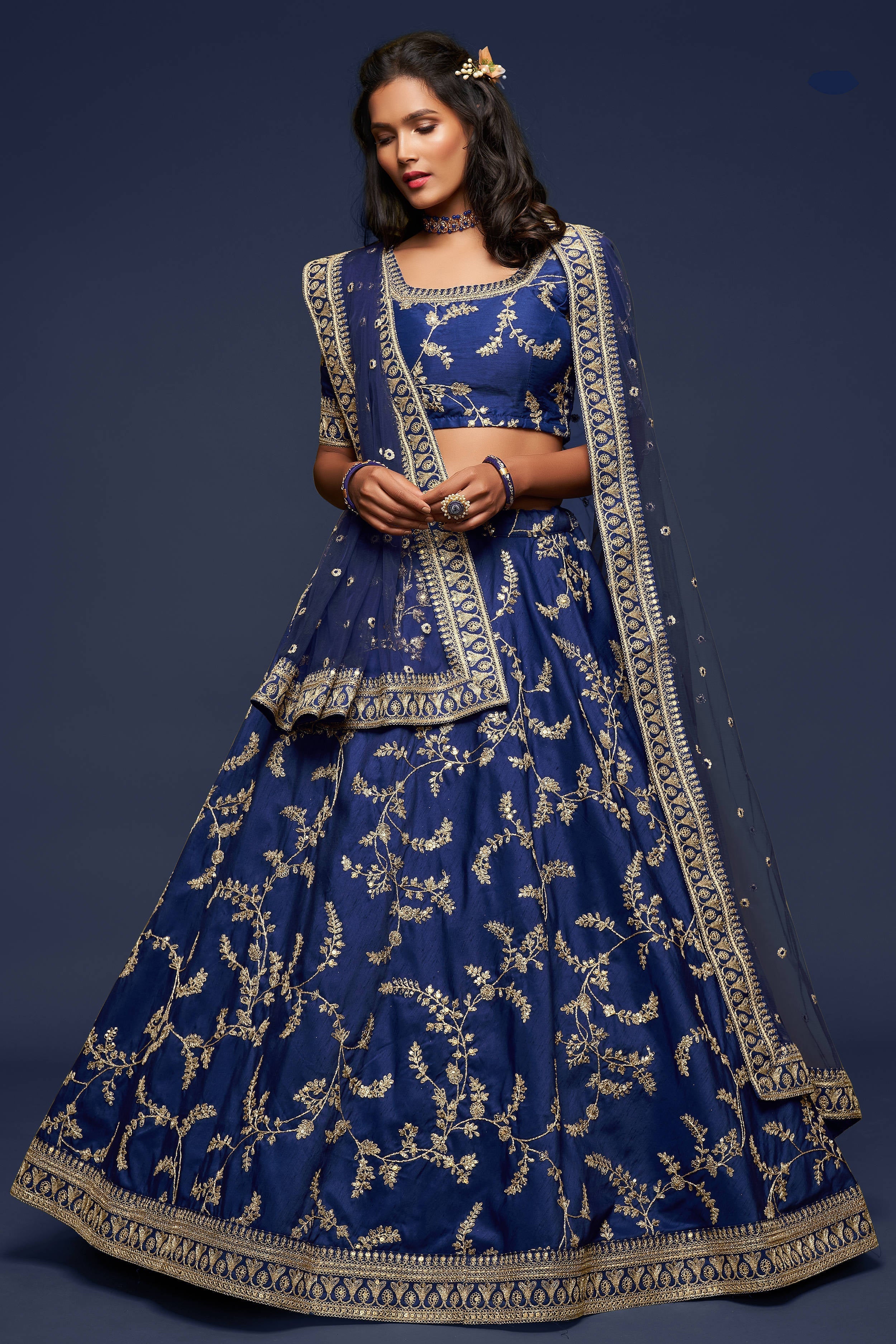 Charming Blue Thread Embroidered Silk Wedding Wear Lehenga Choli