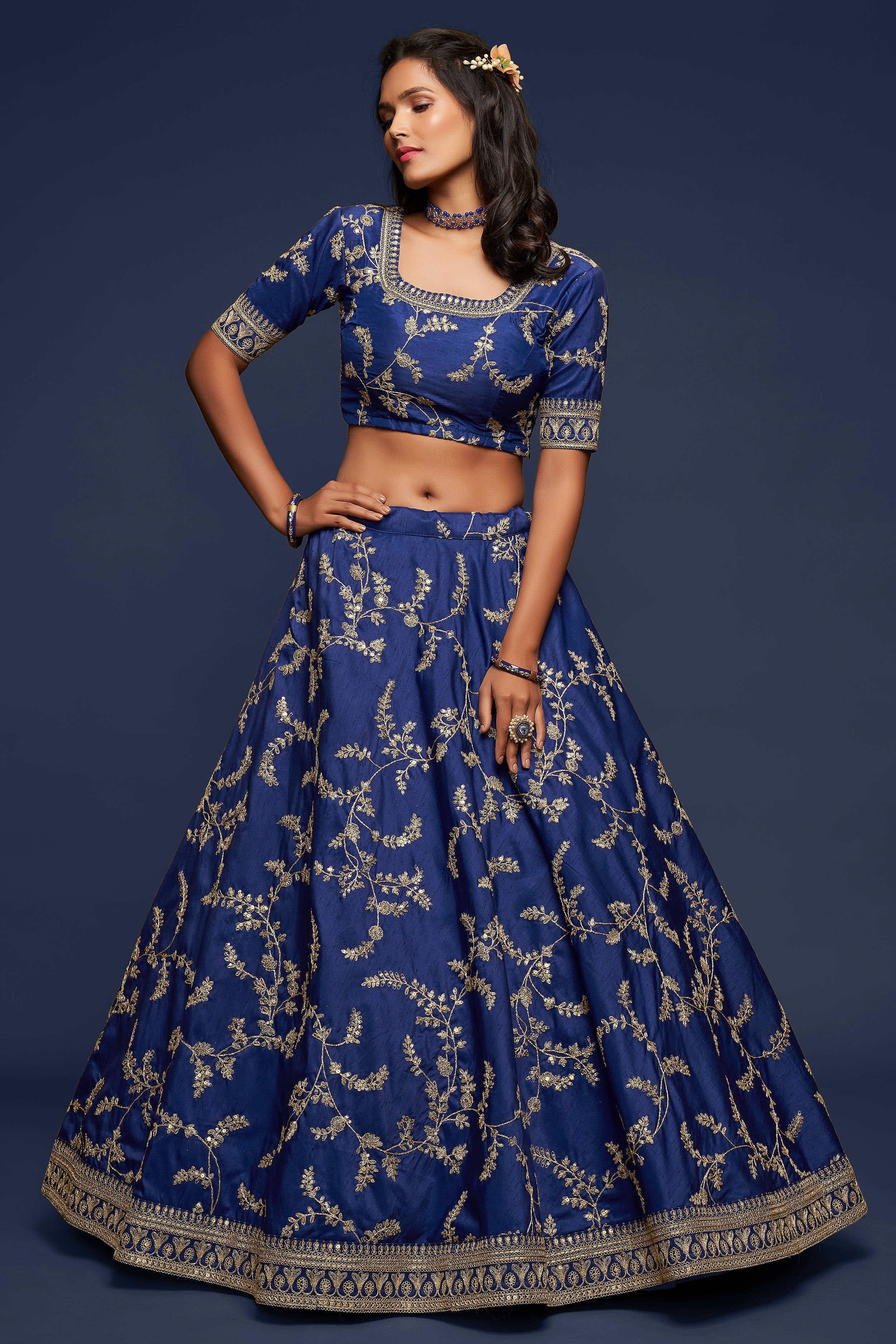 Charming Blue Thread Embroidered Silk Wedding Wear Lehenga Choli