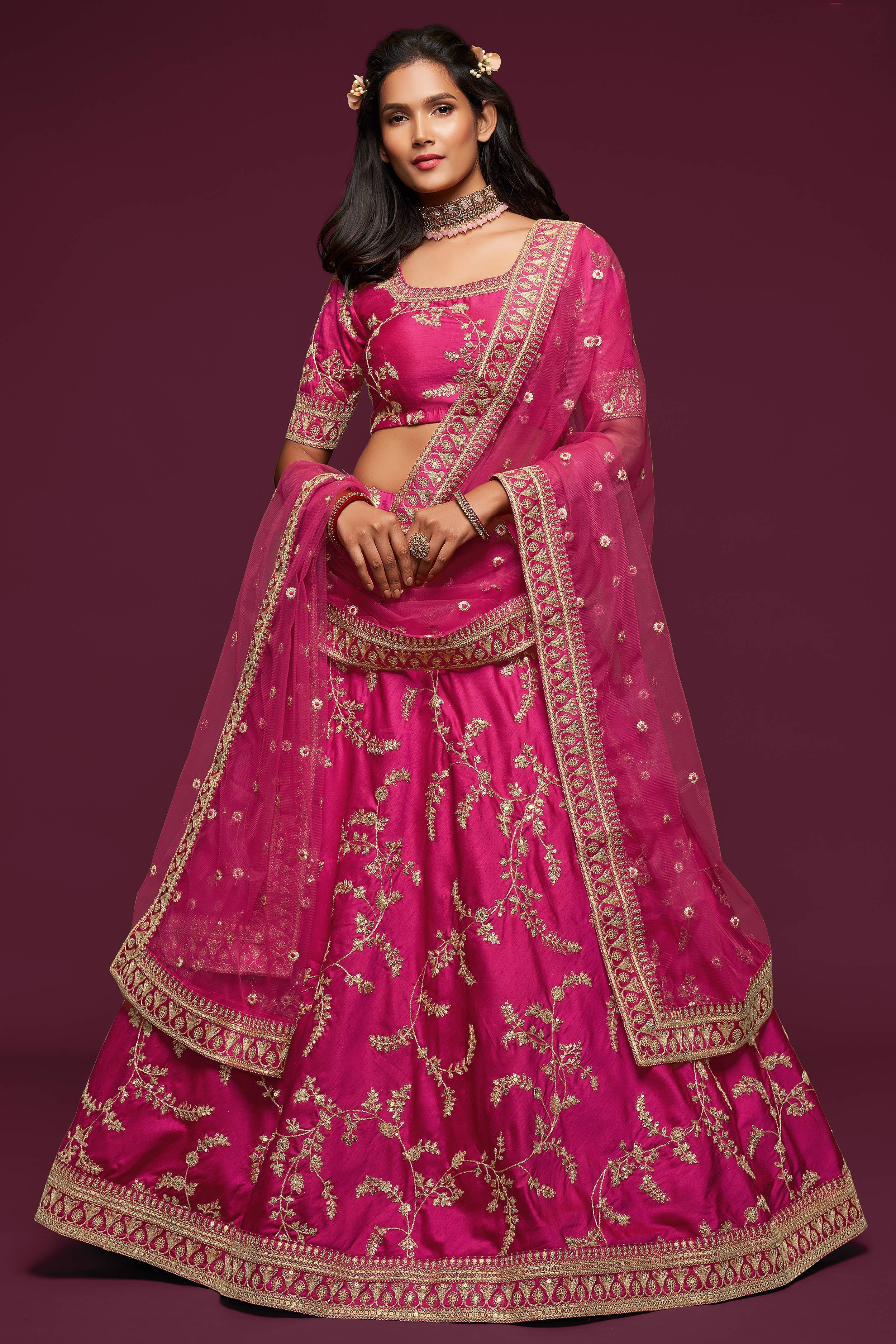 Gorgeous Pink Thread Embroidered Silk Wedding Wear Lehenga Choli