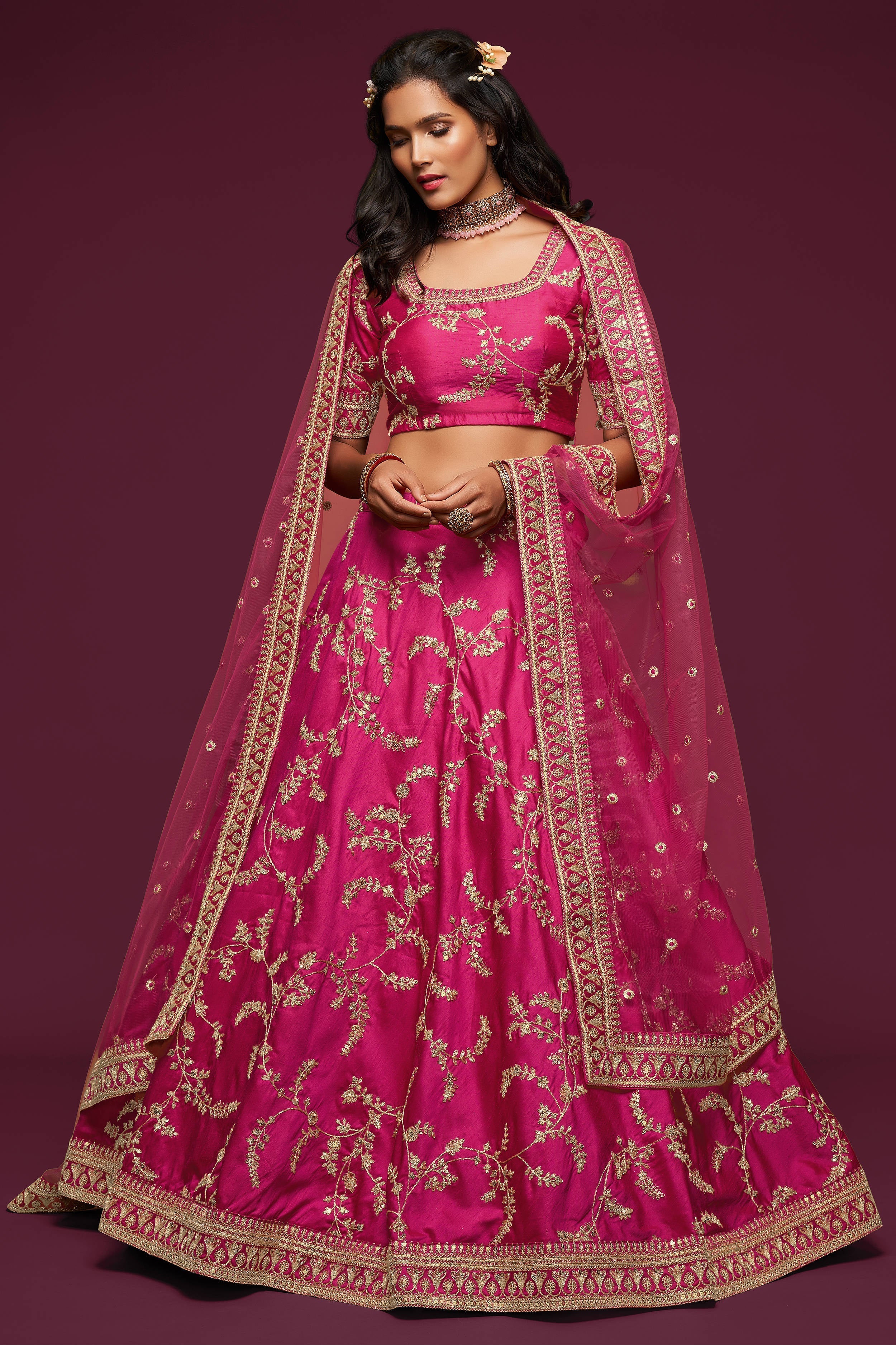 Gorgeous Pink Thread Embroidered Silk Wedding Wear Lehenga Choli