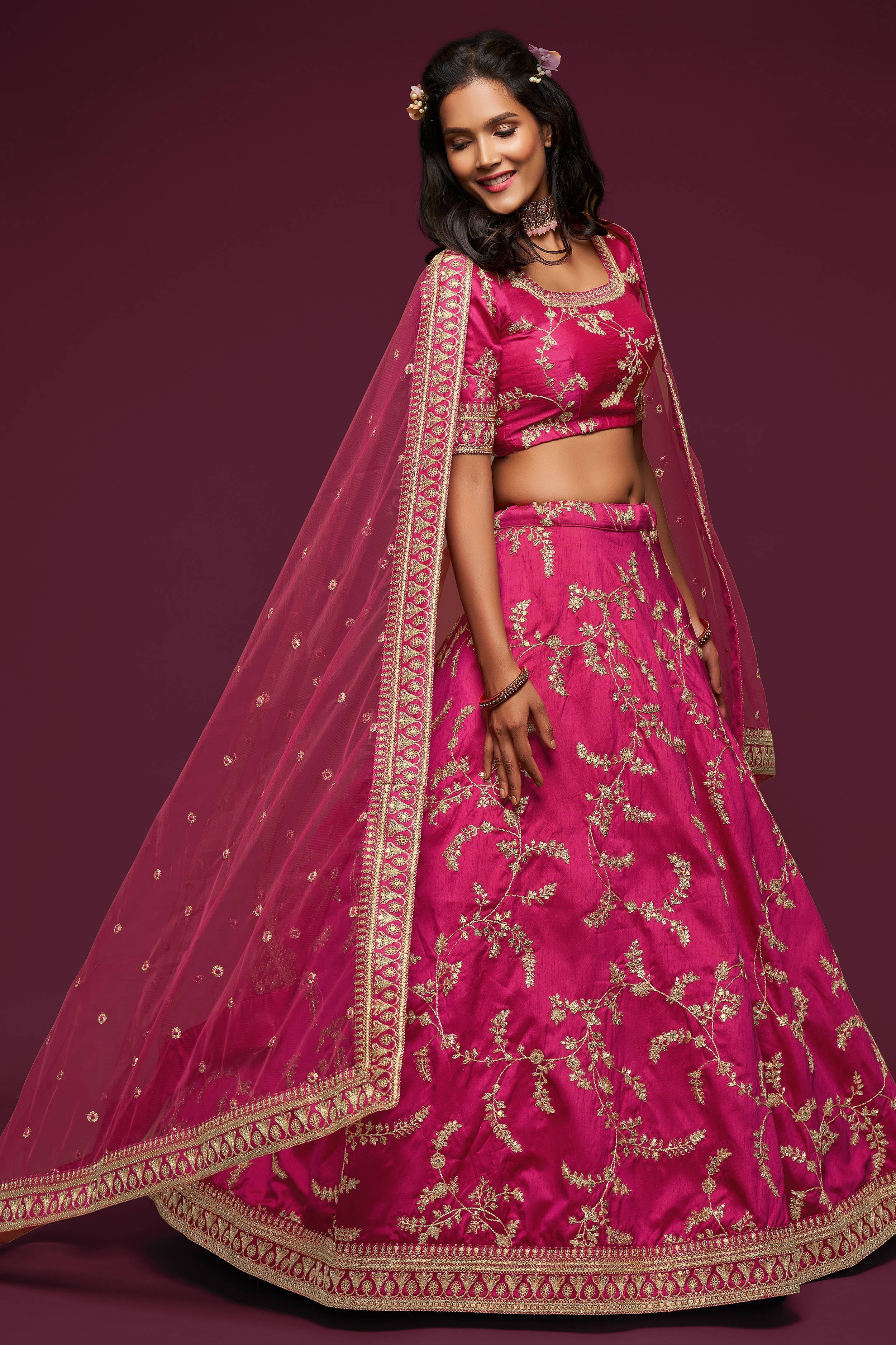 Gorgeous Pink Thread Embroidered Silk Wedding Wear Lehenga Choli