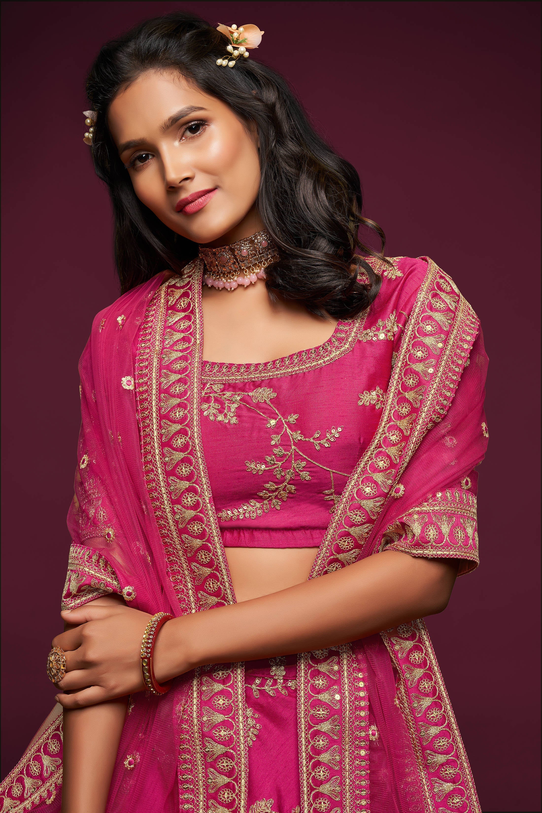 Gorgeous Pink Thread Embroidered Silk Wedding Wear Lehenga Choli