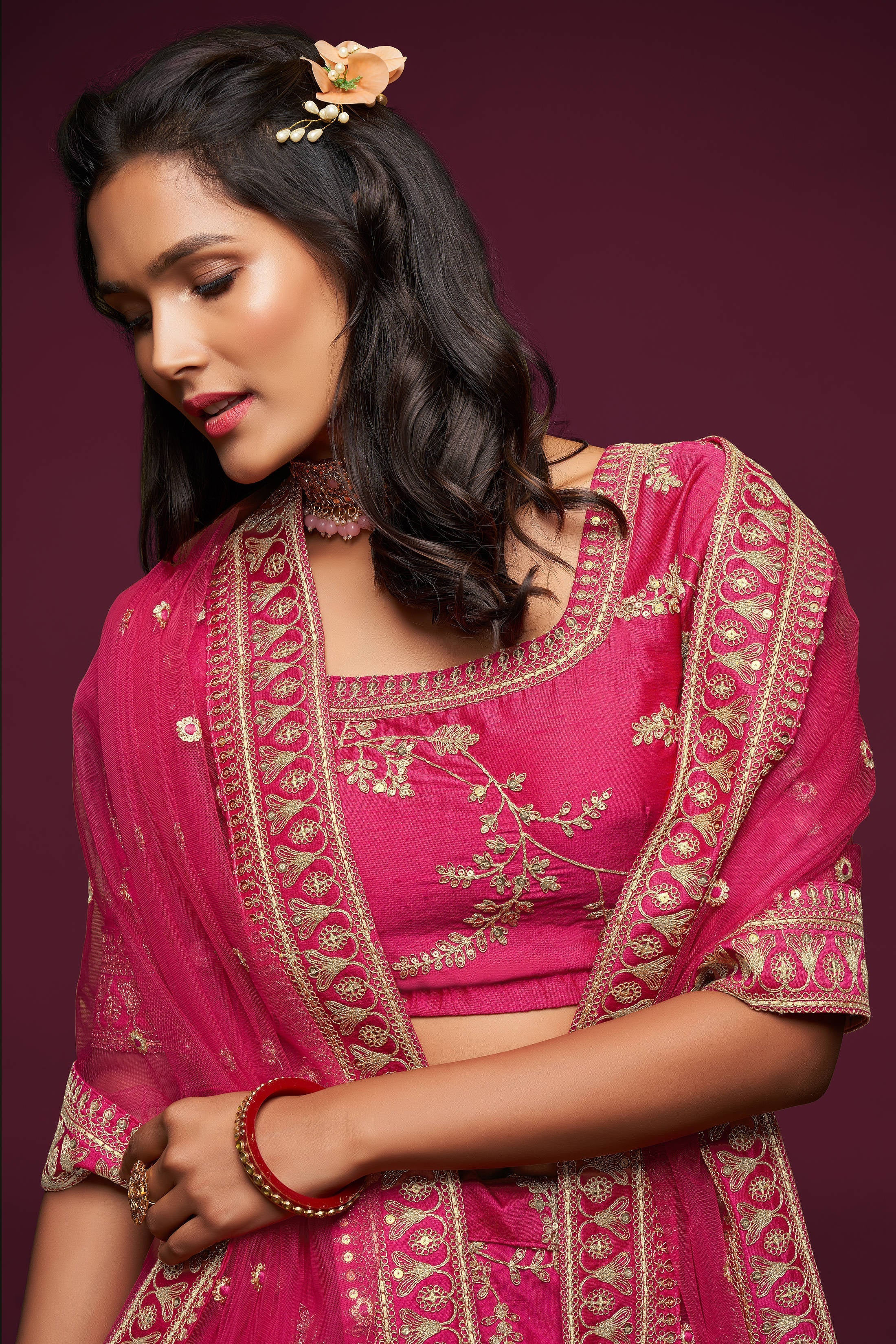 Gorgeous Pink Thread Embroidered Silk Wedding Wear Lehenga Choli