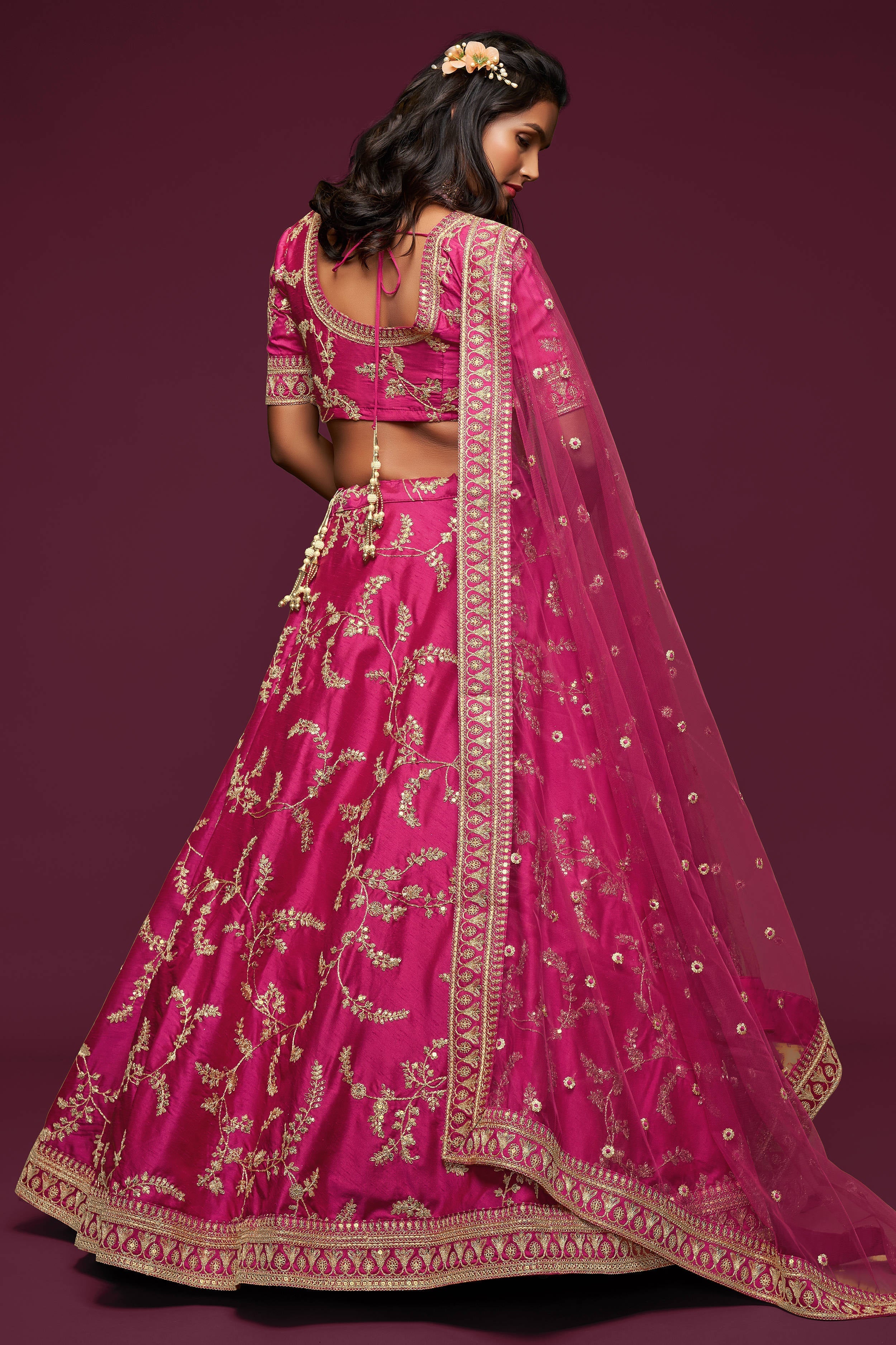 Gorgeous Pink Thread Embroidered Silk Wedding Wear Lehenga Choli