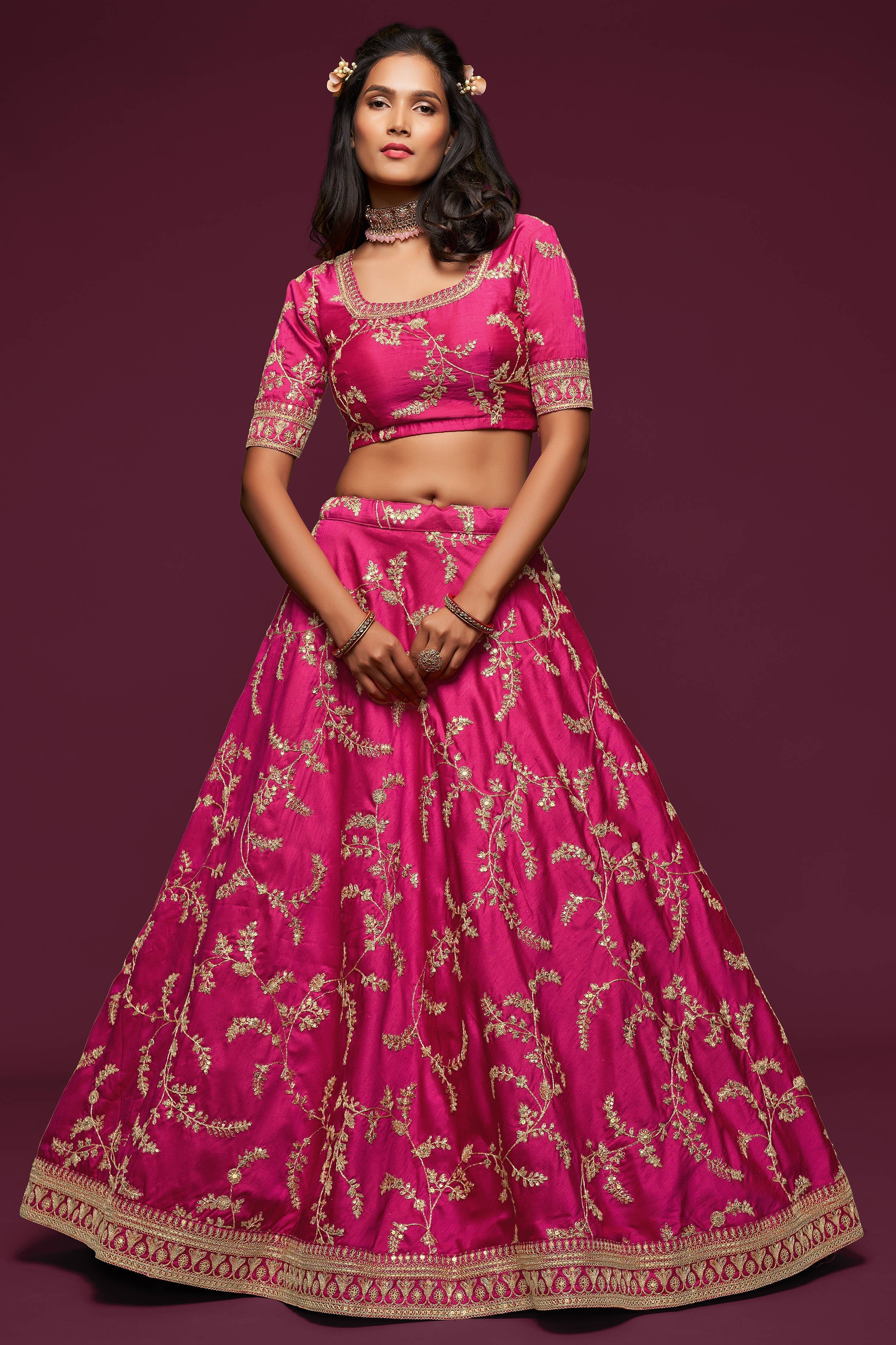 Gorgeous Pink Thread Embroidered Silk Wedding Wear Lehenga Choli