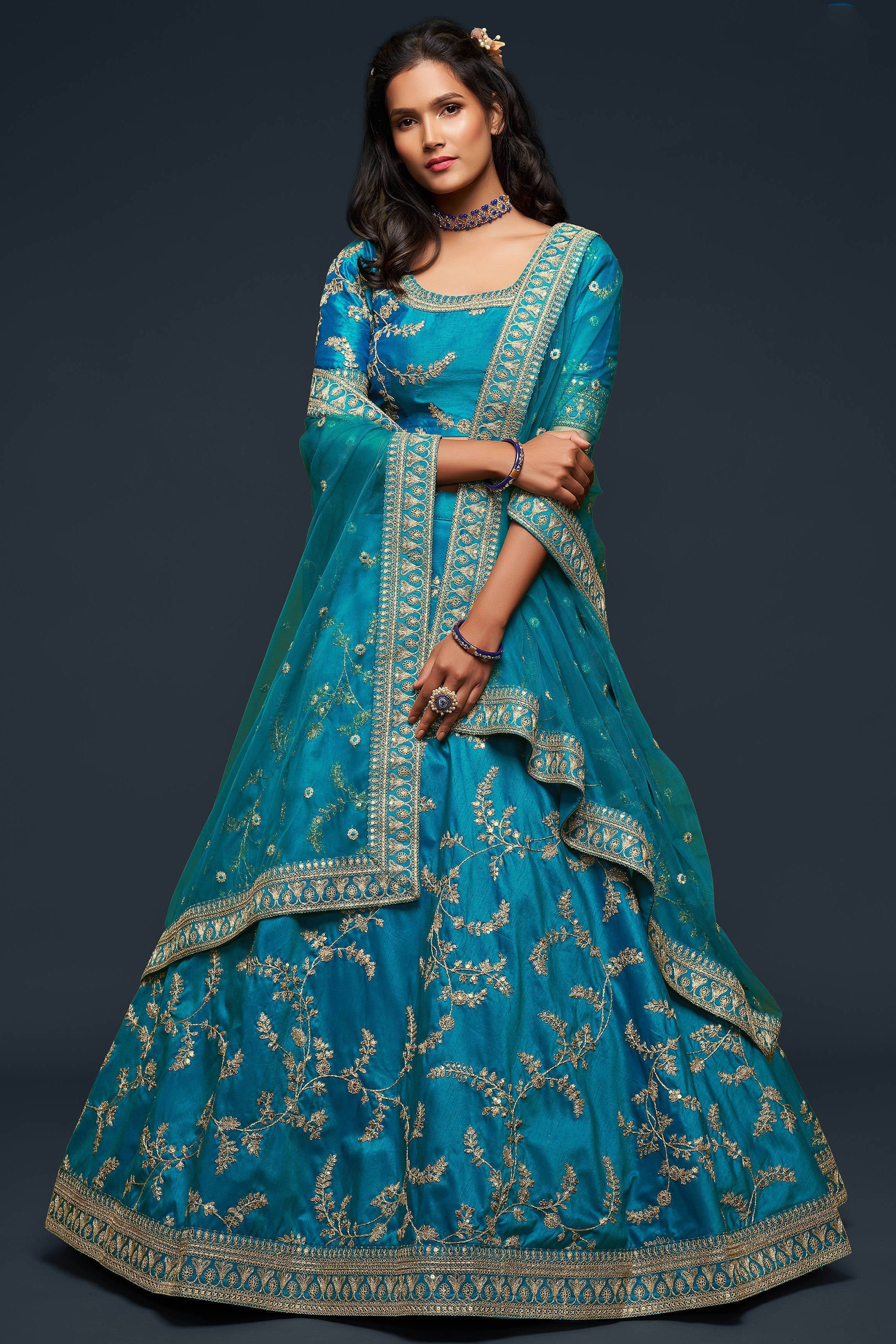 Wonderful Teal Blue Thread Embroidered Silk Wedding Wear Lehenga Choli