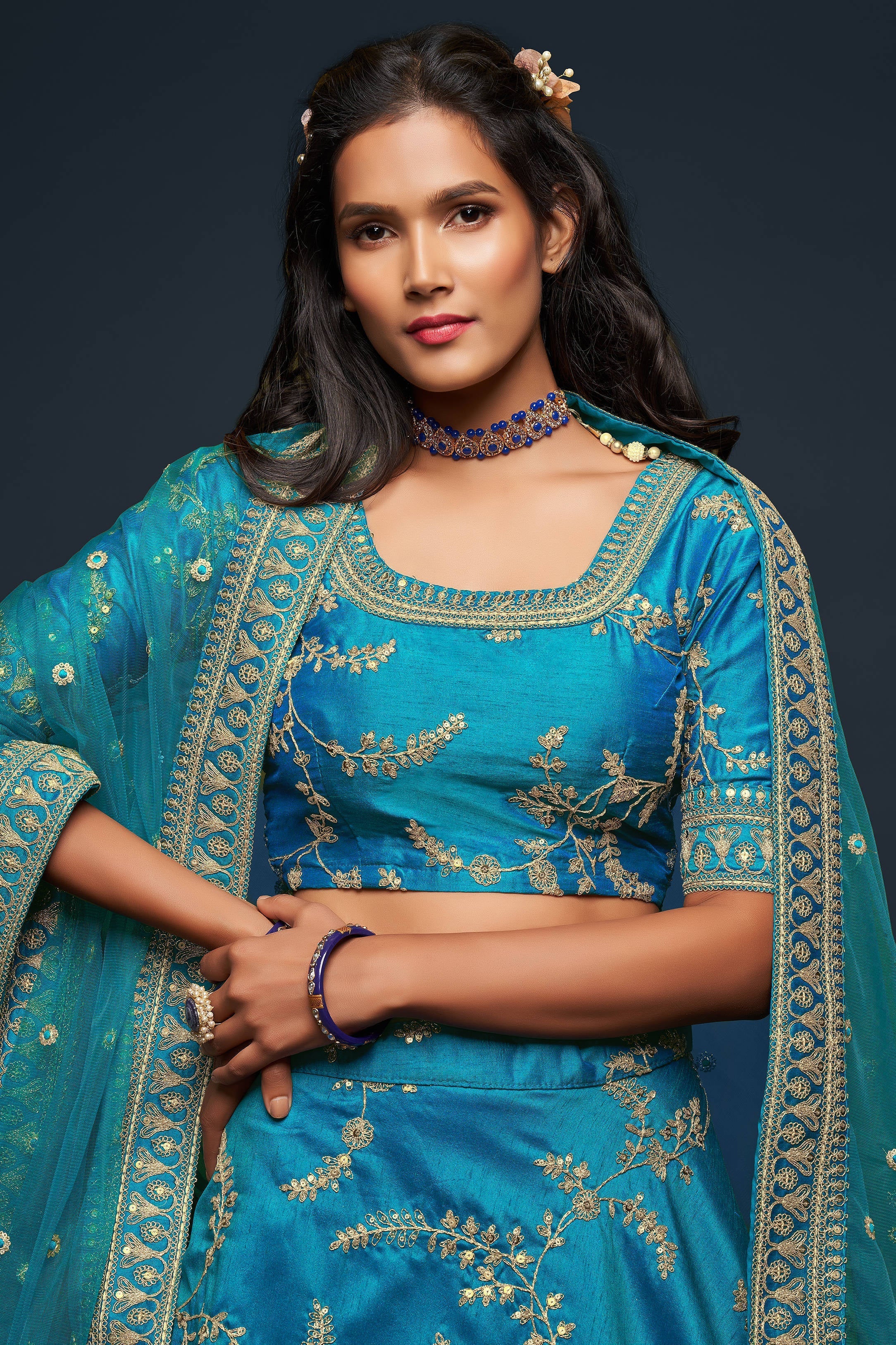 Wonderful Teal Blue Thread Embroidered Silk Wedding Wear Lehenga Choli