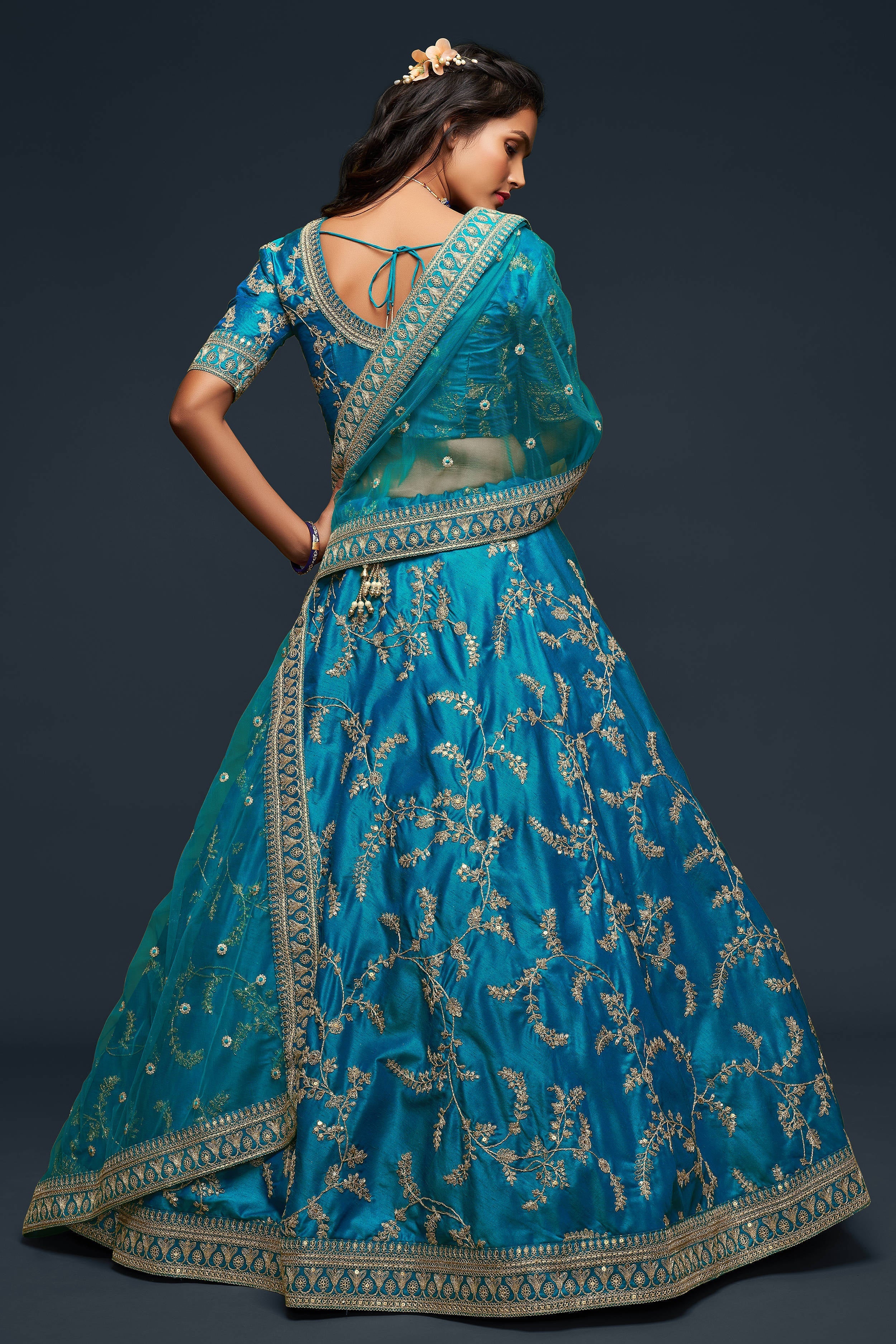Wonderful Teal Blue Thread Embroidered Silk Wedding Wear Lehenga Choli