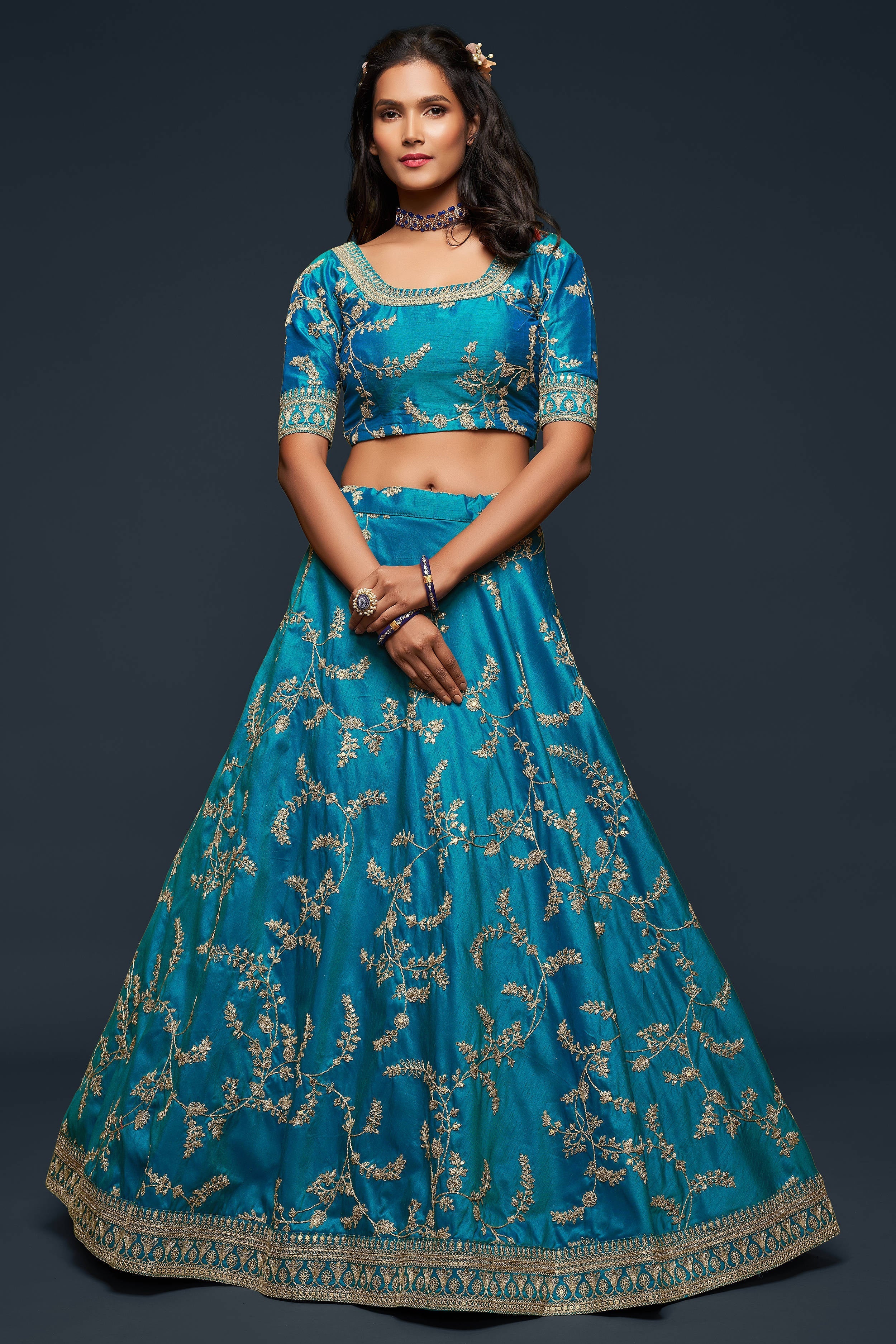 Wonderful Teal Blue Thread Embroidered Silk Wedding Wear Lehenga Choli