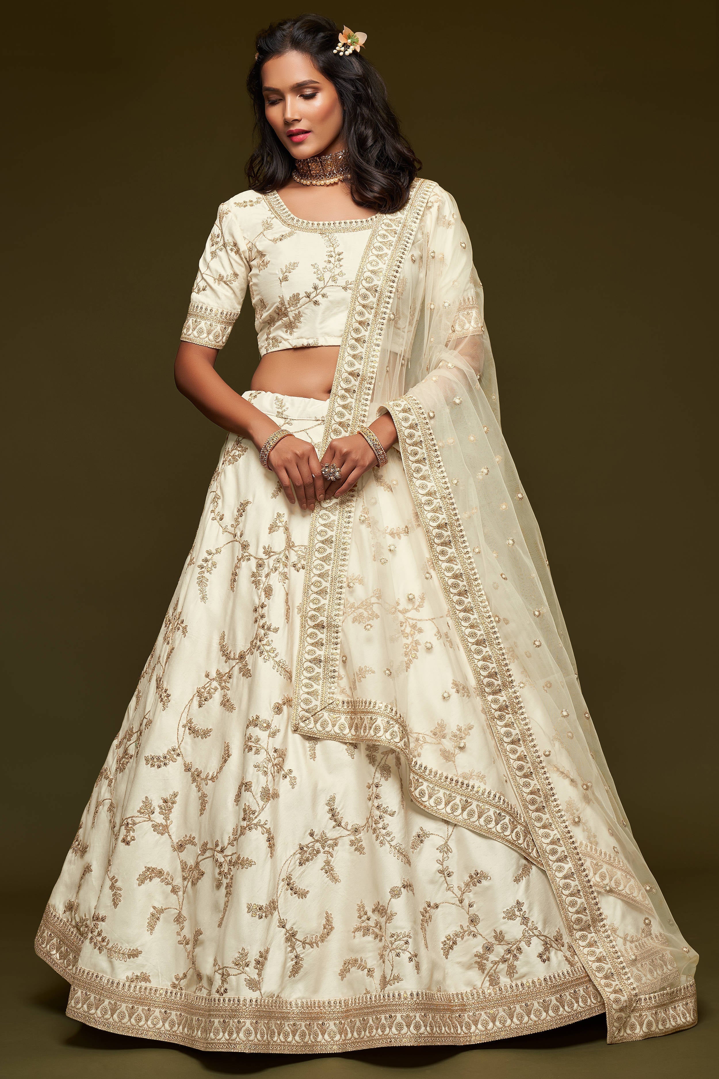 Beautiful White Thread Embroidered Silk Wedding Wear Lehenga Choli