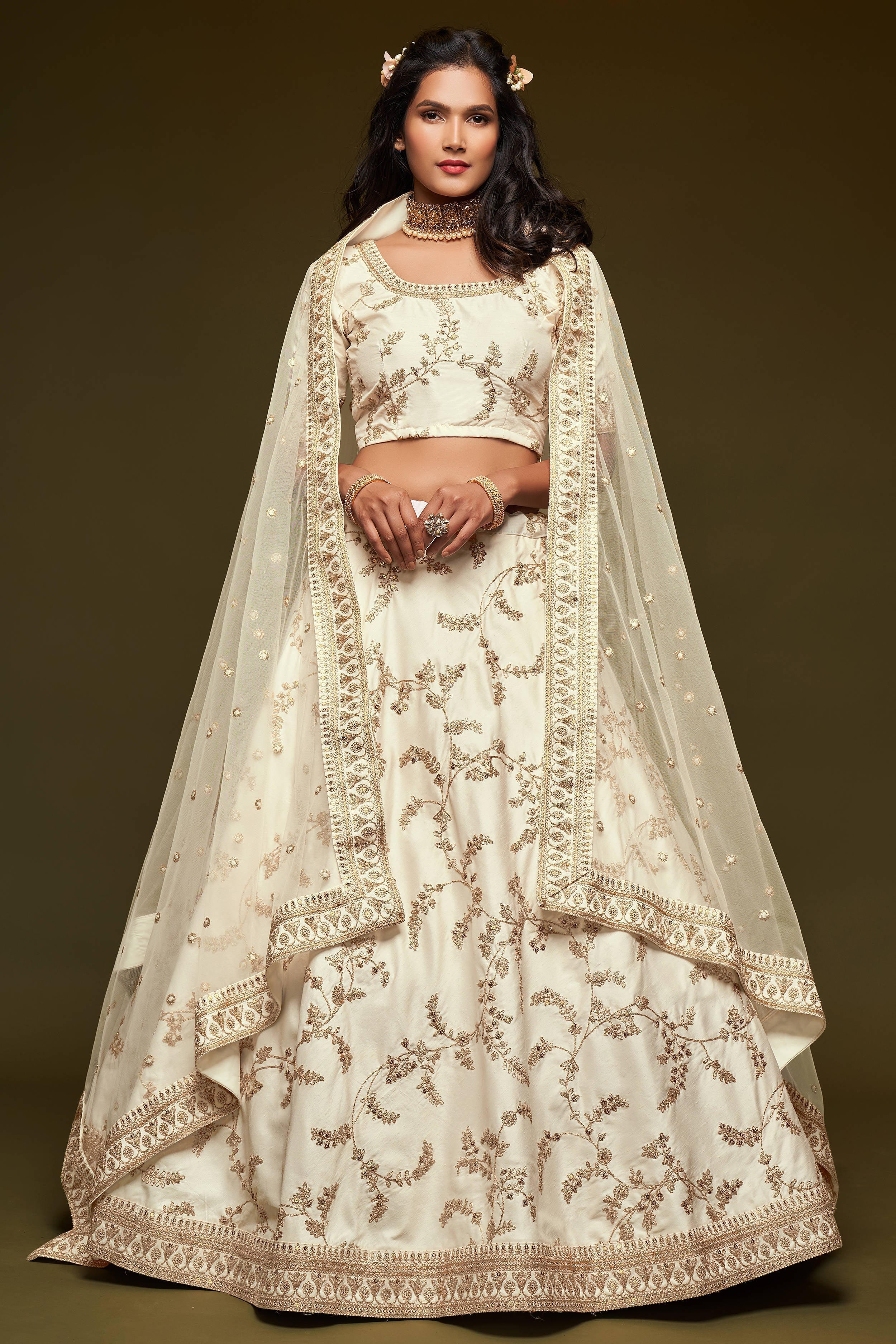 Beautiful White Thread Embroidered Silk Wedding Wear Lehenga Choli
