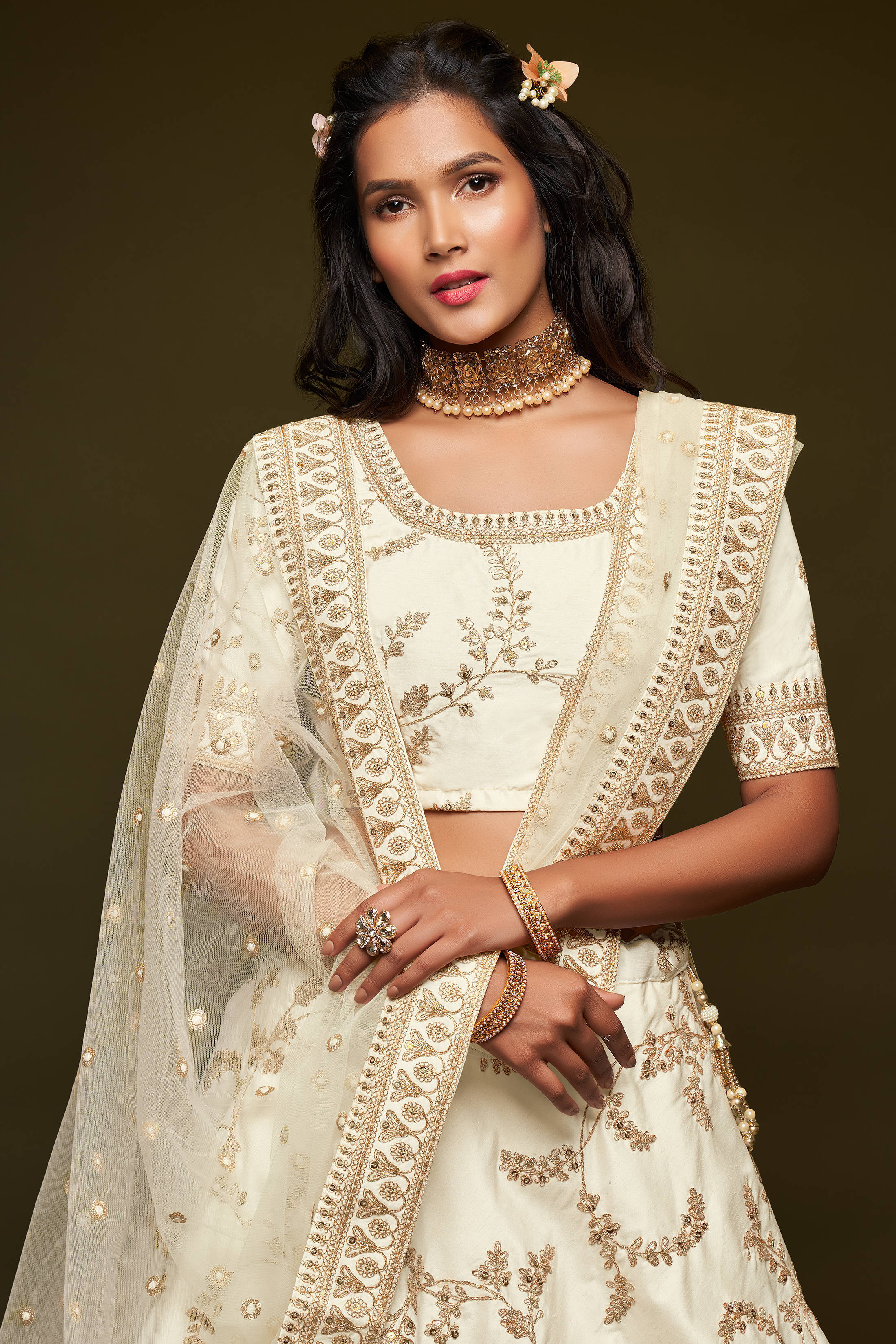 Beautiful White Thread Embroidered Silk Wedding Wear Lehenga Choli