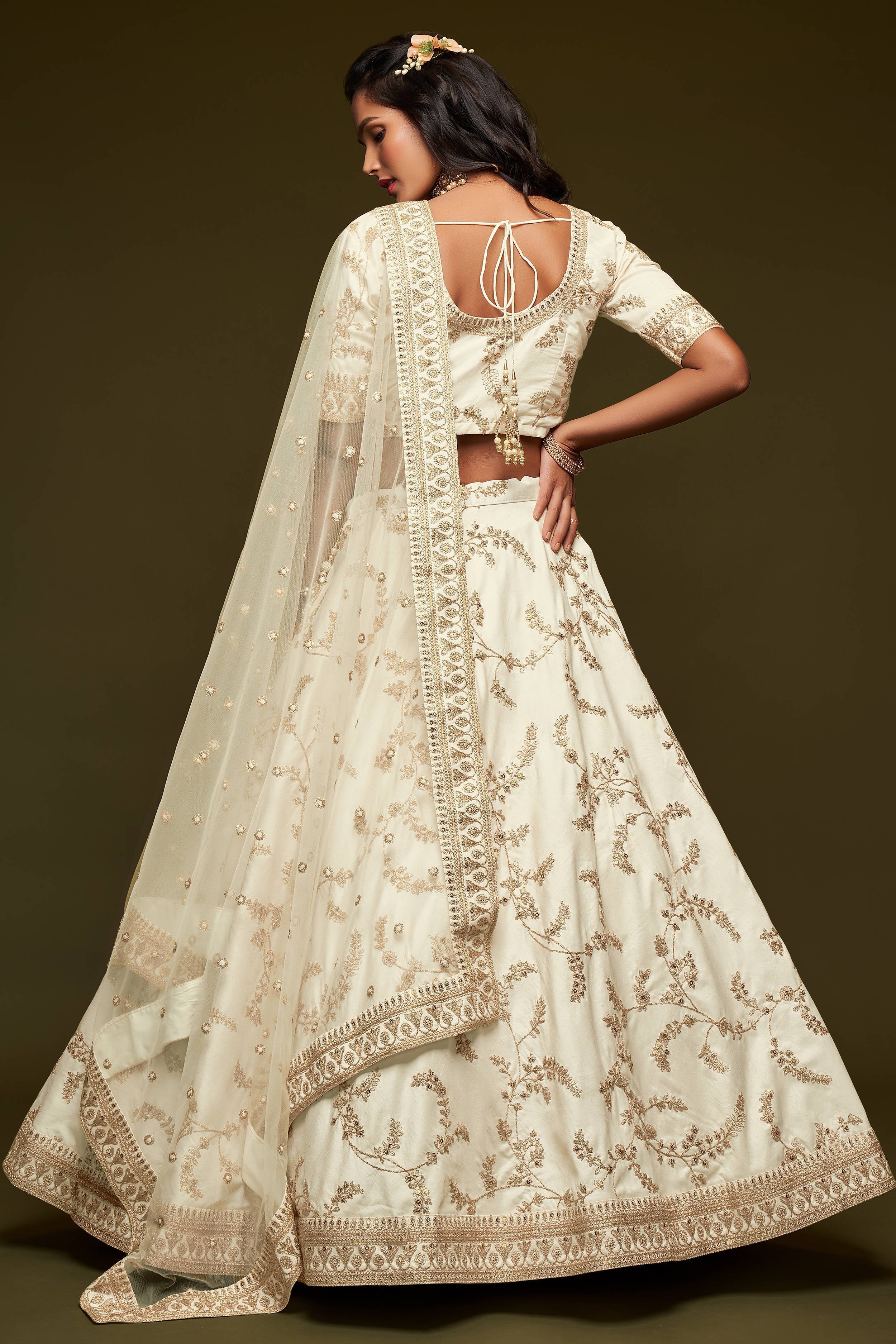 Beautiful White Thread Embroidered Silk Wedding Wear Lehenga Choli