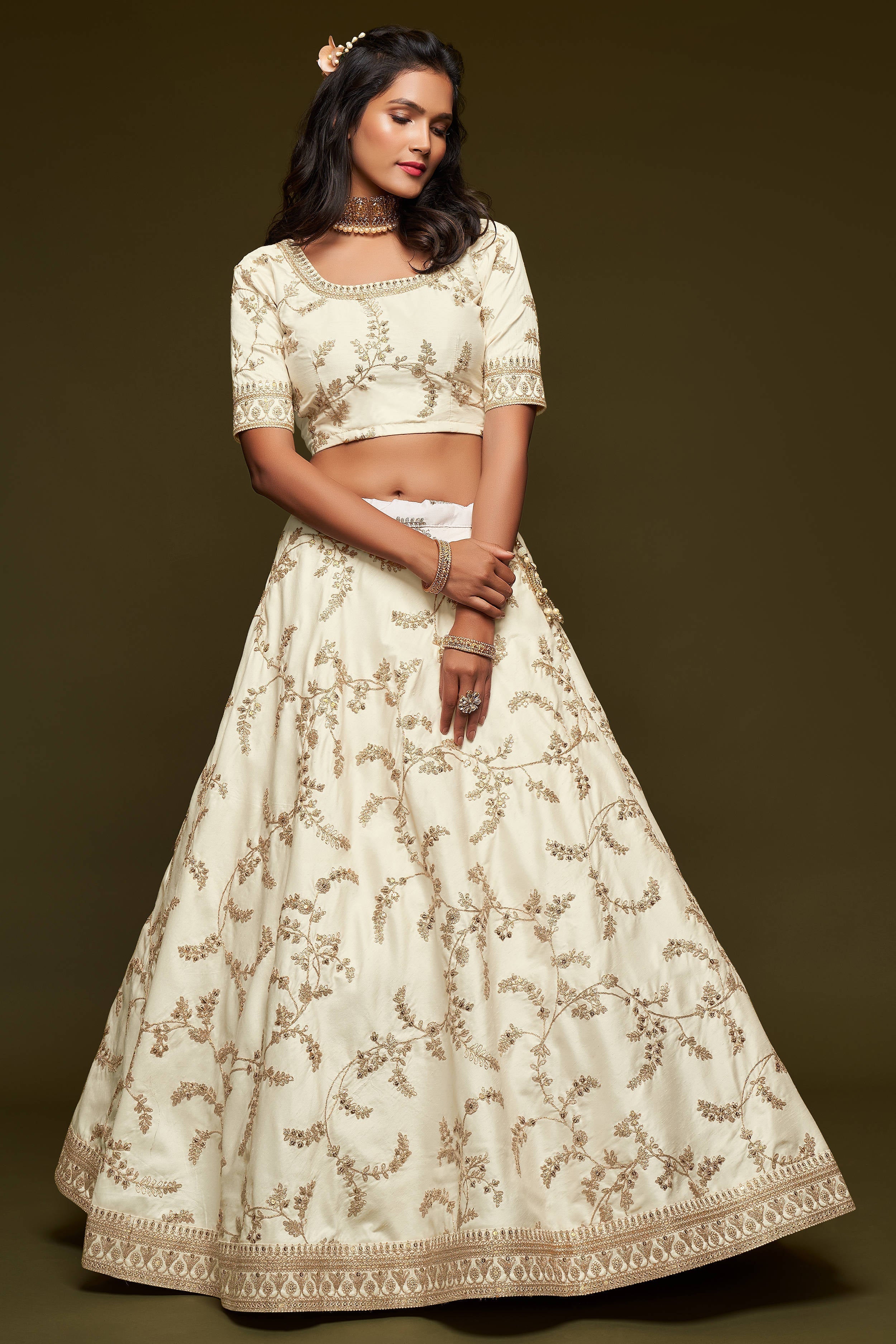 Beautiful White Thread Embroidered Silk Wedding Wear Lehenga Choli