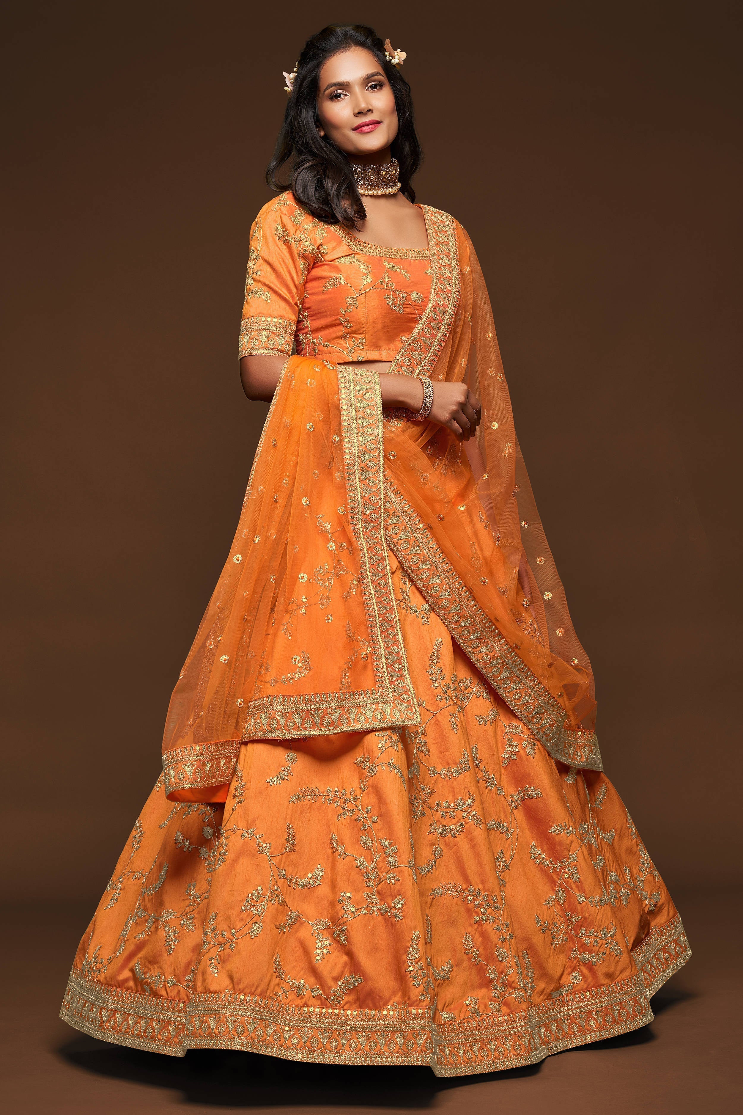 Attractive Orange Thread Embroidered Silk Wedding Wear Lehenga Choli