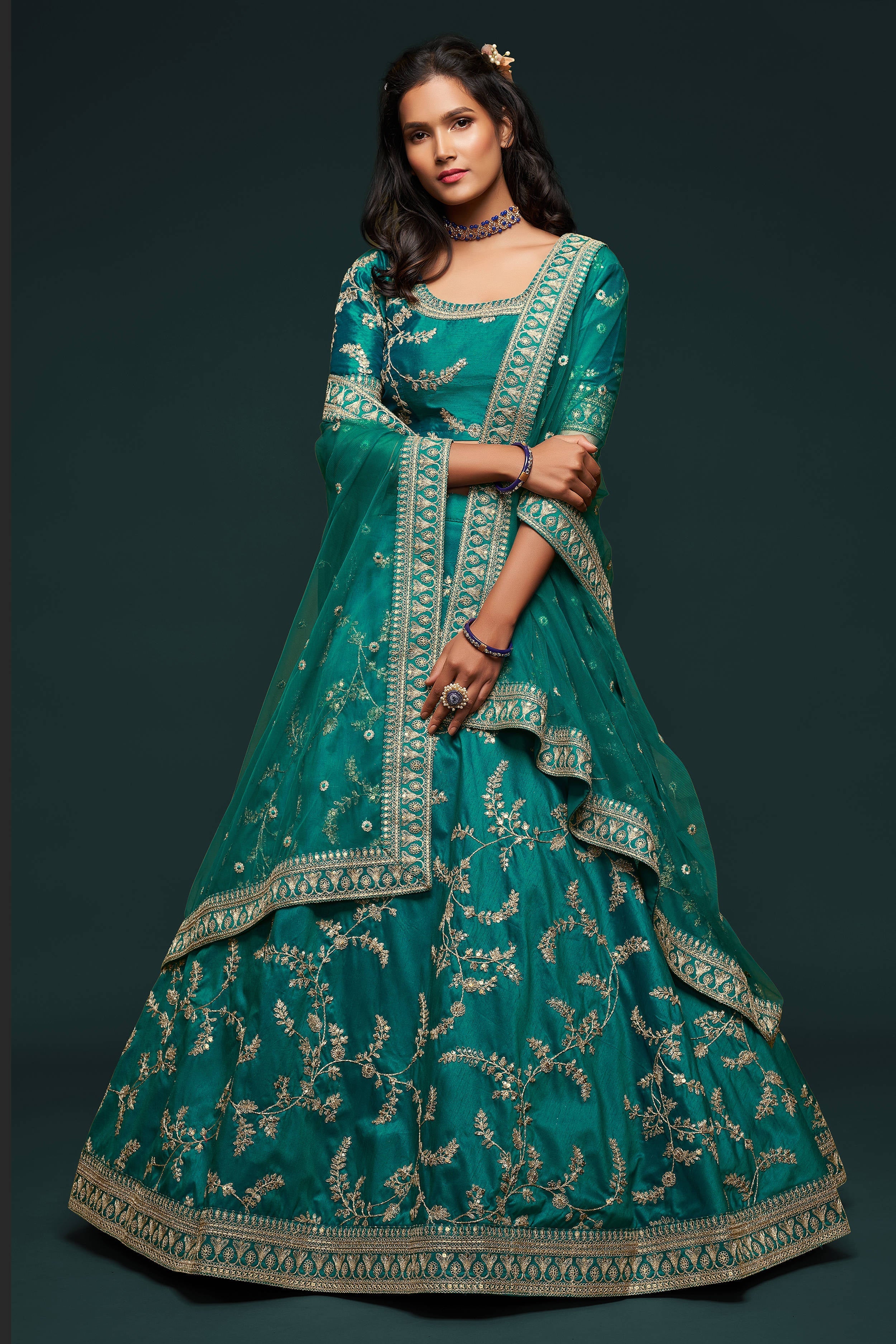 Classic Green Thread Embroidered Silk Wedding Wear Lehenga Choli