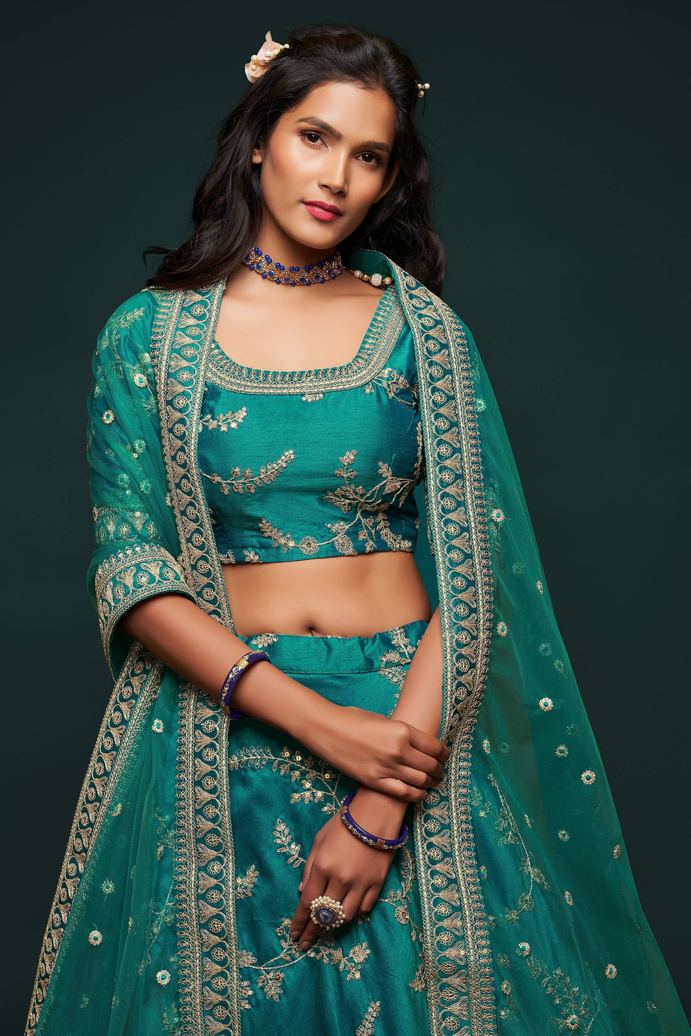 Classic Green Thread Embroidered Silk Wedding Wear Lehenga Choli