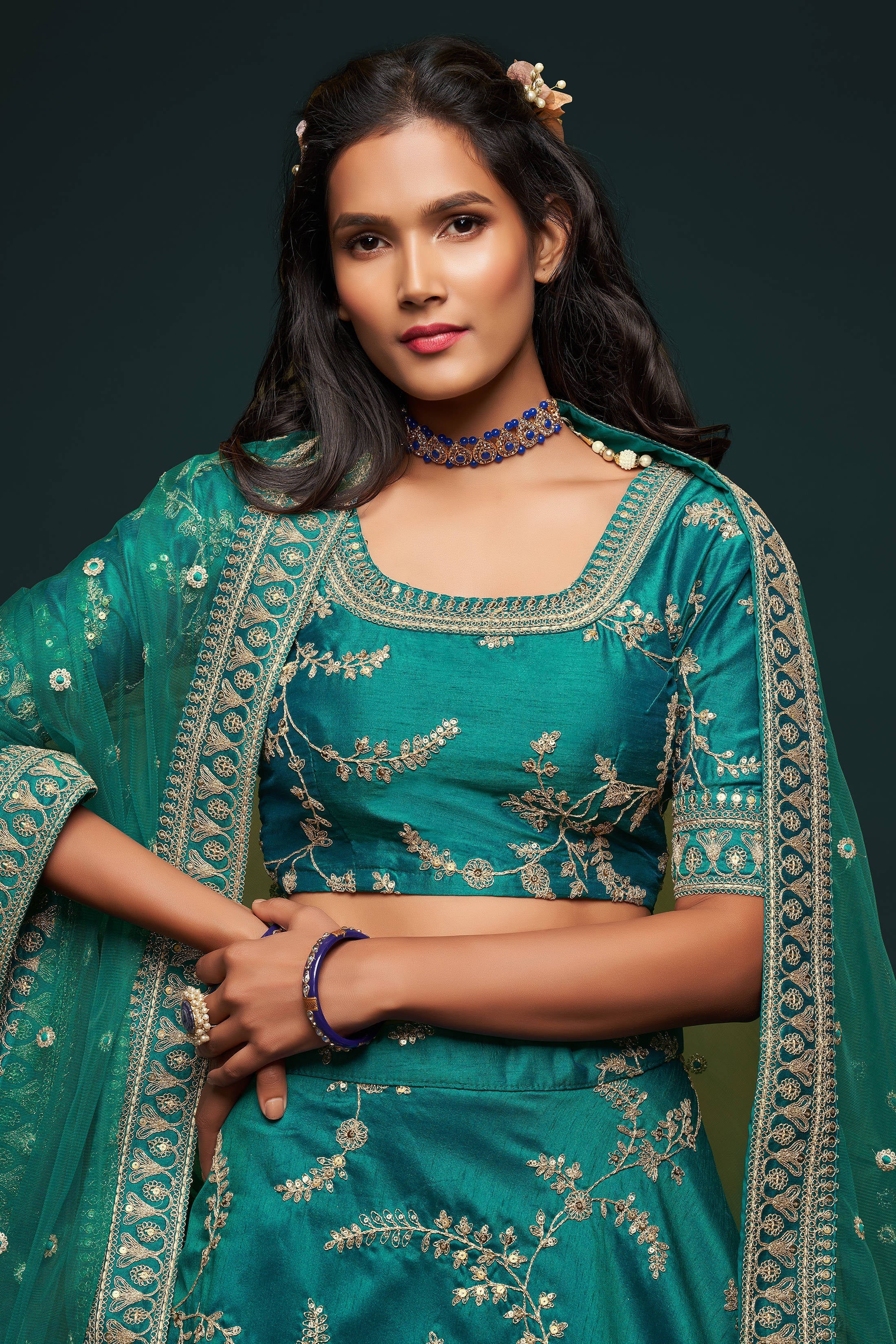 Classic Green Thread Embroidered Silk Wedding Wear Lehenga Choli