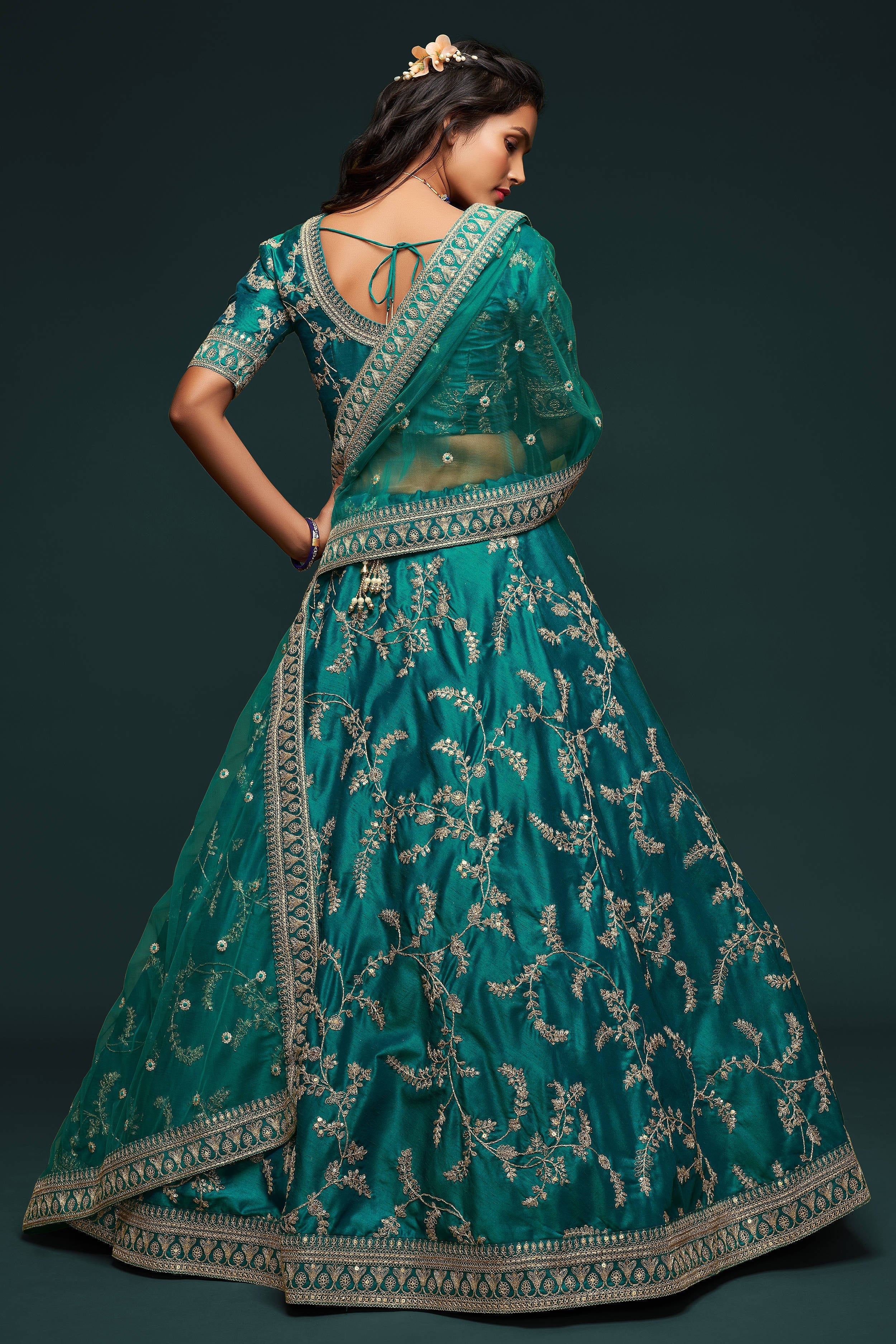 Classic Green Thread Embroidered Silk Wedding Wear Lehenga Choli