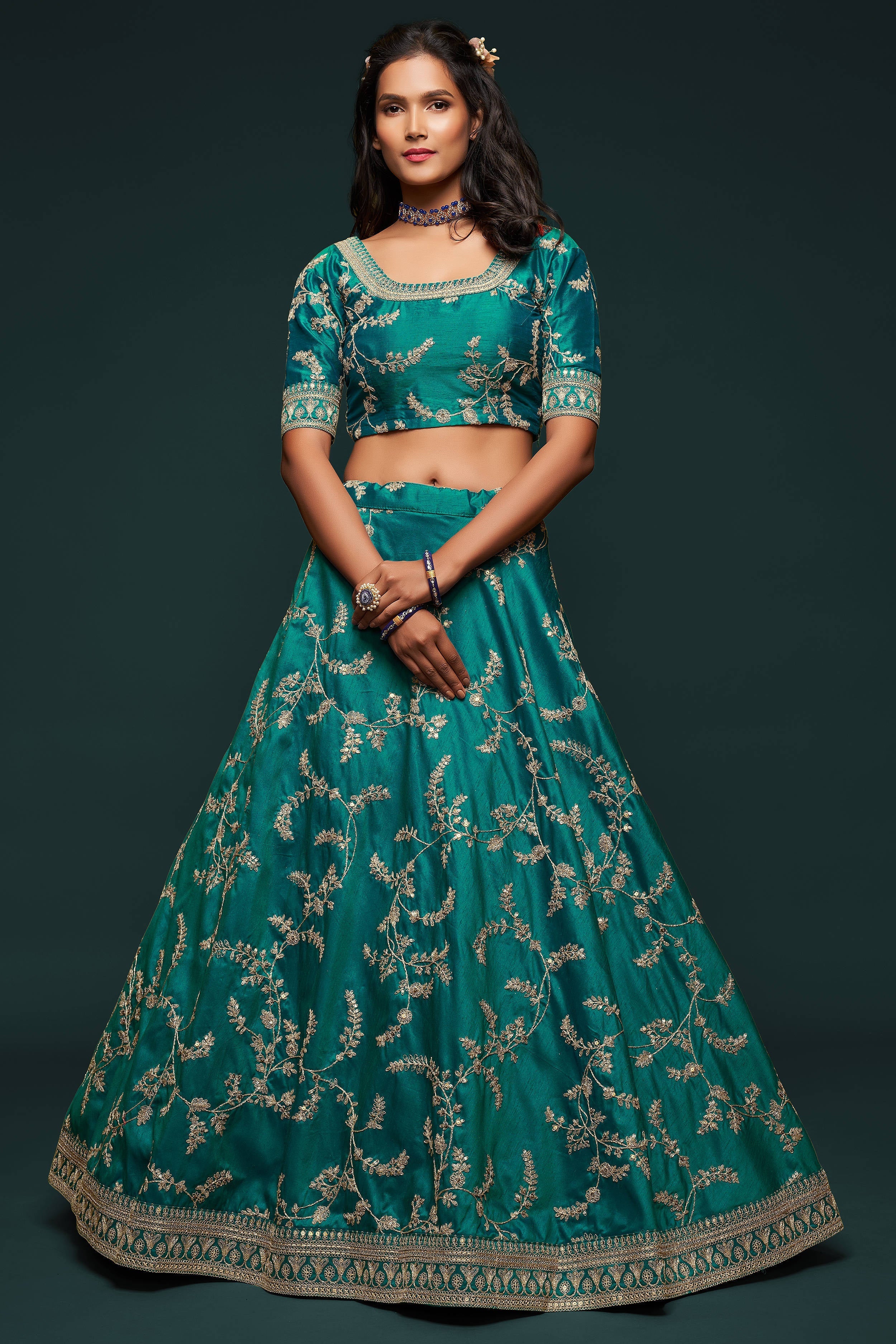 Classic Green Thread Embroidered Silk Wedding Wear Lehenga Choli