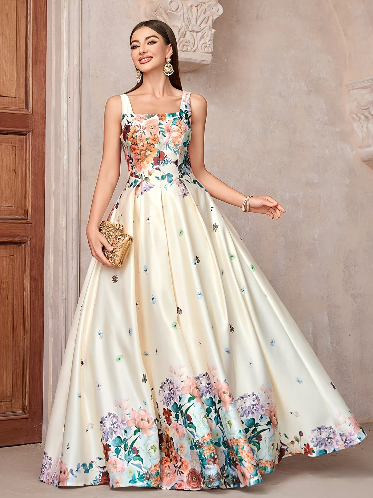 Women's Elegant Floral Print Evening Maxi Dress