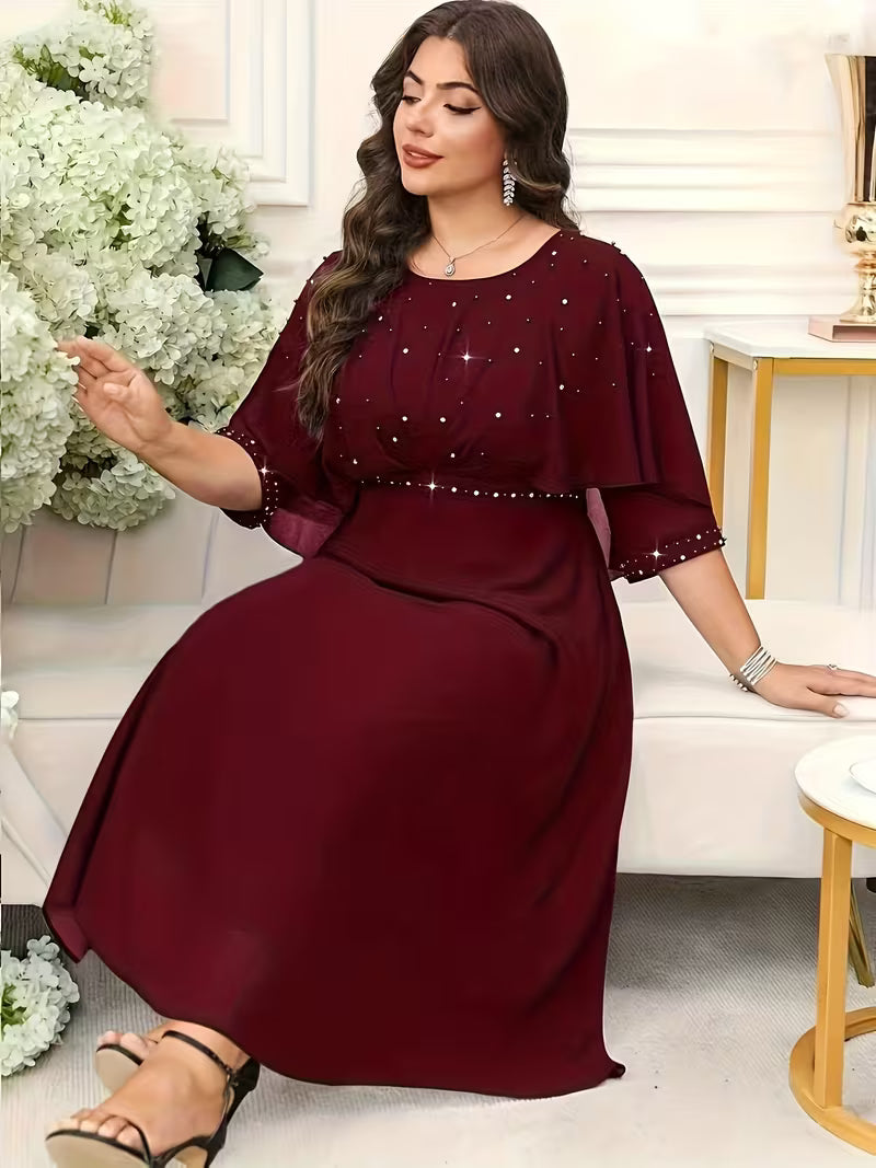 Plus Size Women’s Elegant Rhinestone Collar Dress