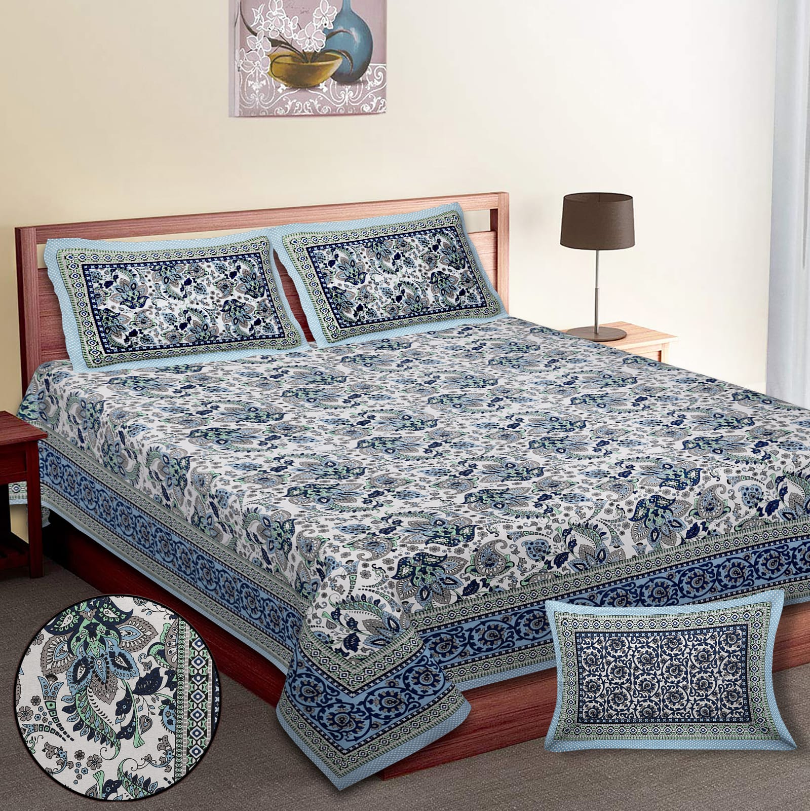 King-Size Bed Sheet Set with 2 Pillow Covers (Cotton Autoloom Fabric)