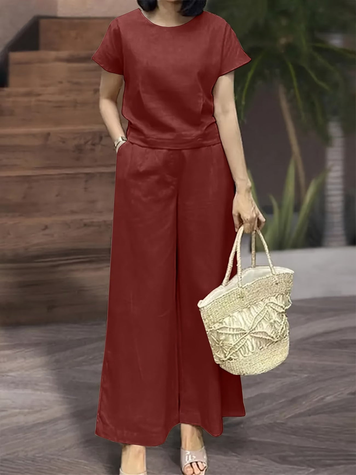 Women's Solid Color Short Sleeve Top & Wide-Leg Pants Co-Ord Set