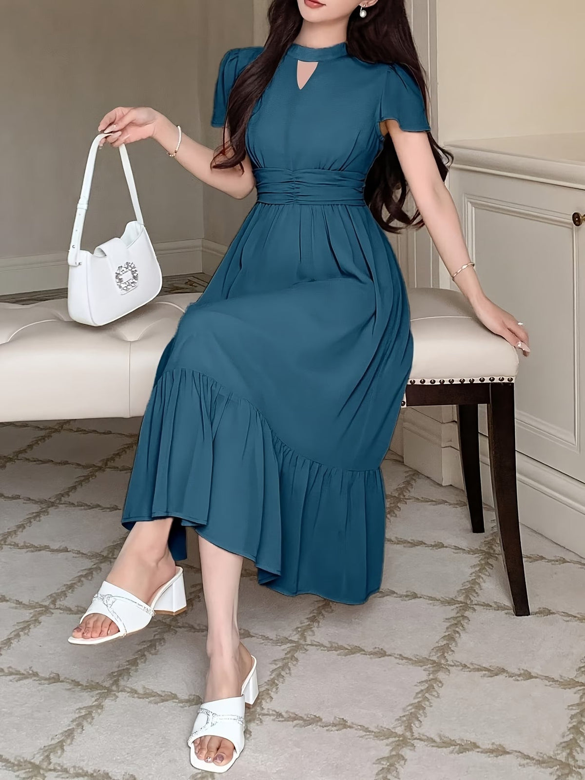 Women's Elegant Pleated Waist Ruffle Hem Maxi Dress