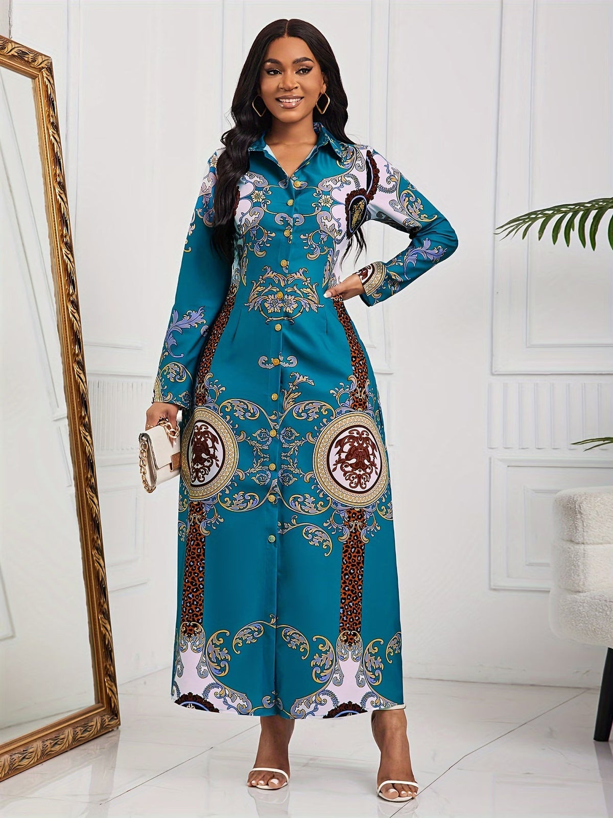 Tribal Print Lapel Button-Front Dress