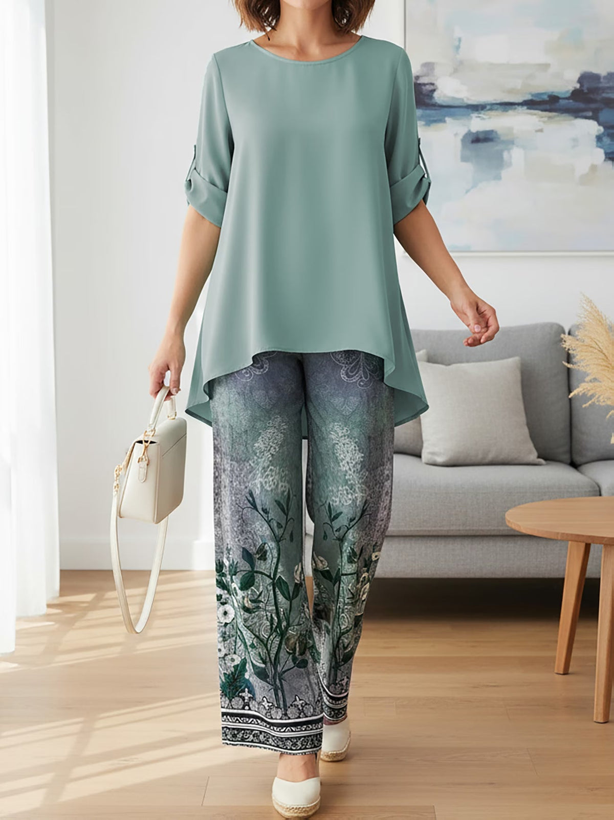 Elegant Leaf Print High-Low Co-Ord Set