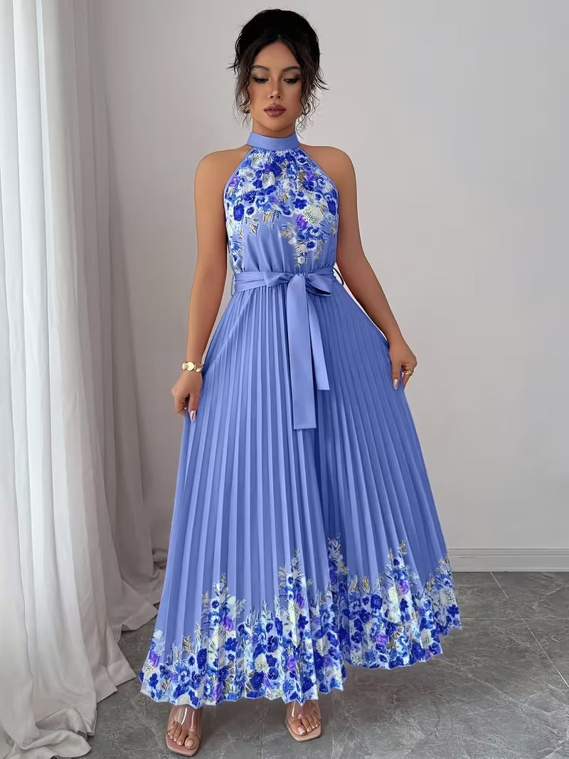 Elegant Floral Halter Neck Pleated Dress – Stylish & Comfortable Summer Outfit for Women
