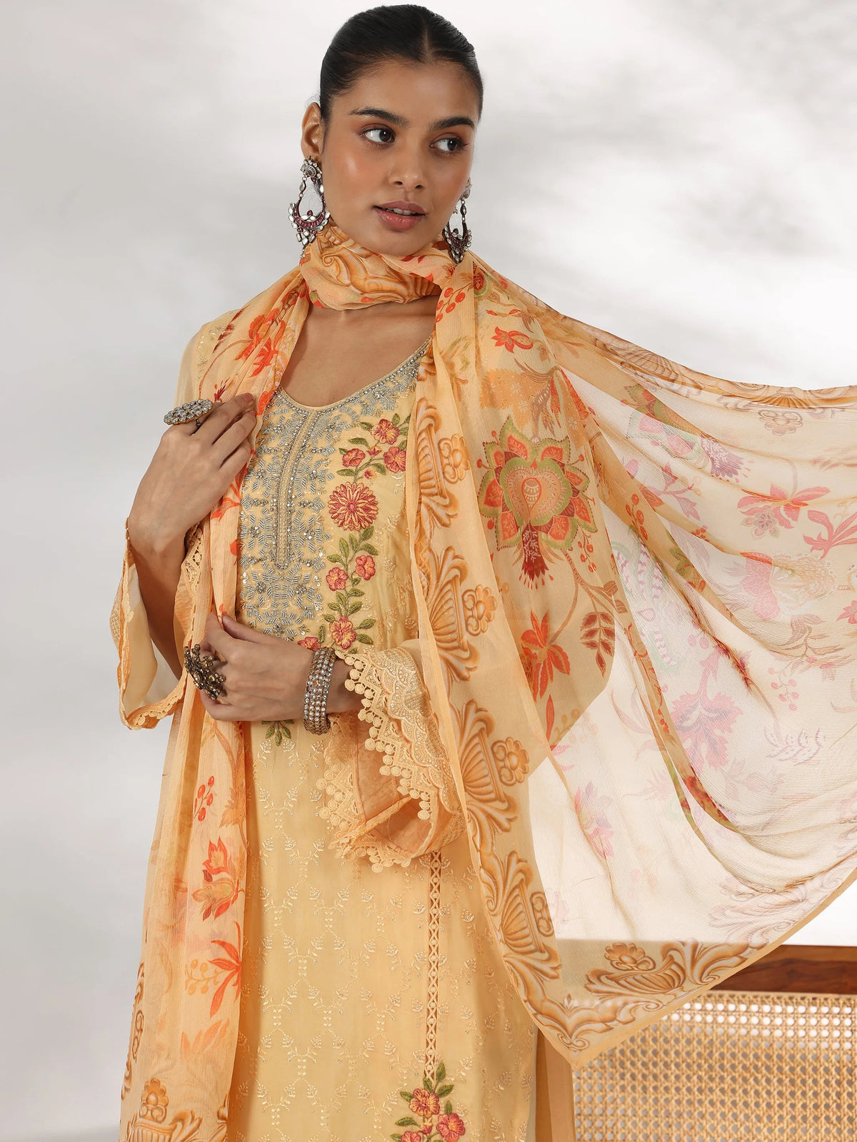Anouk Yellow Embroidered Organza Straight Suit With Dupatta
